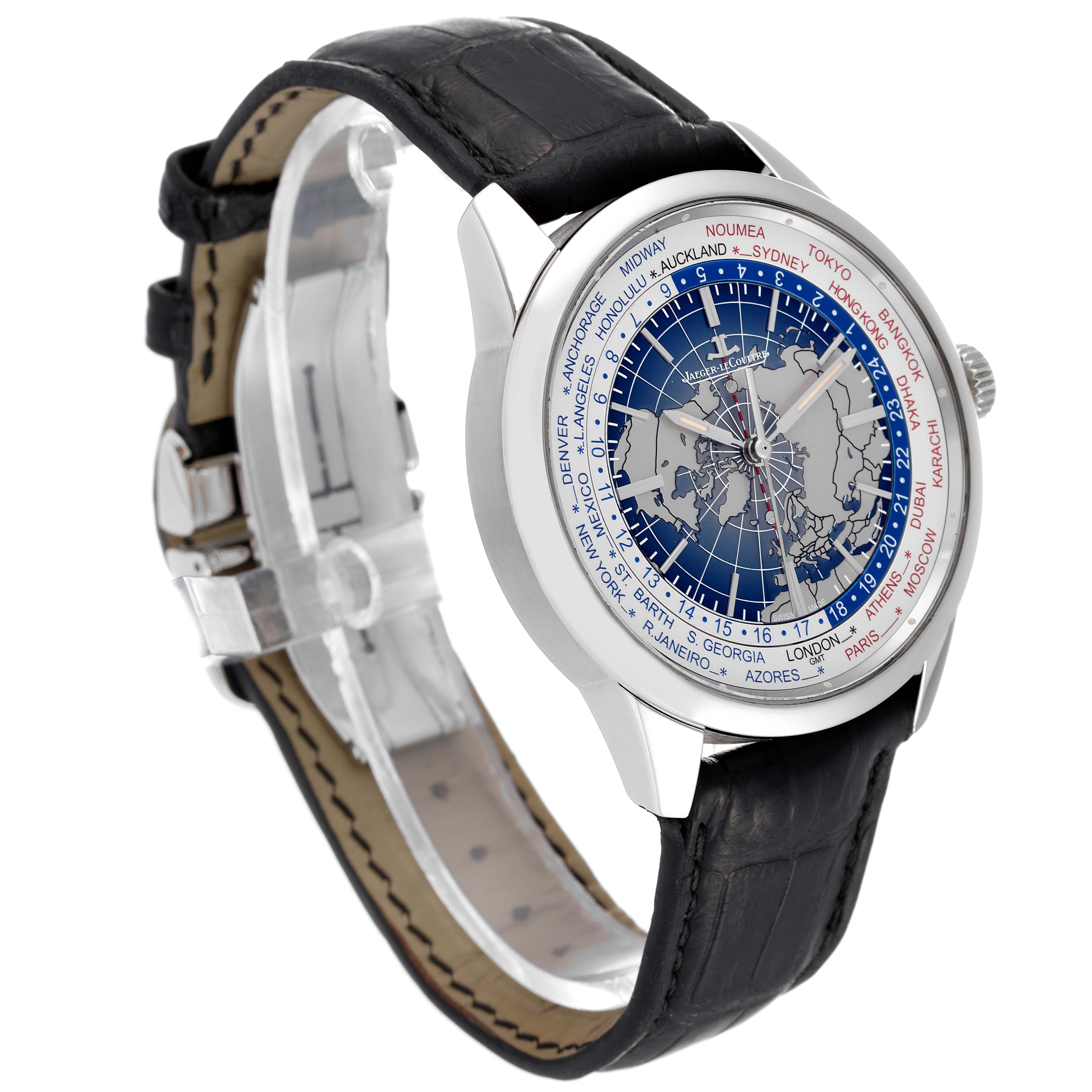The image shows a Jaeger-LeCoultre Geophysic watch at a 3/4 angle, displaying the dial and black leather strap.