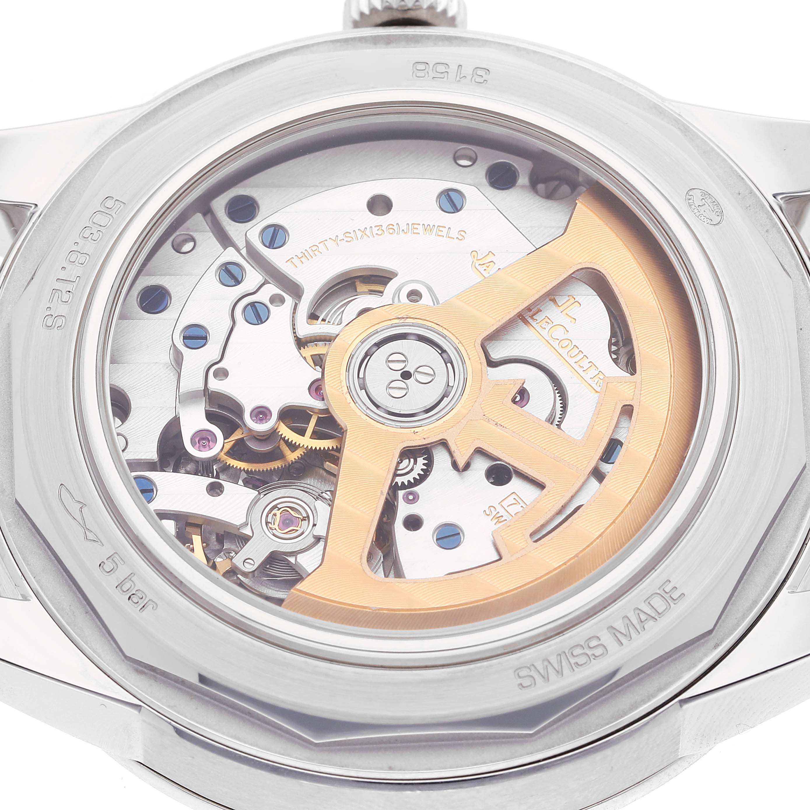 The image shows the case back of the Jaeger-LeCoultre Geophysic watch, highlighting its movement and rotor.