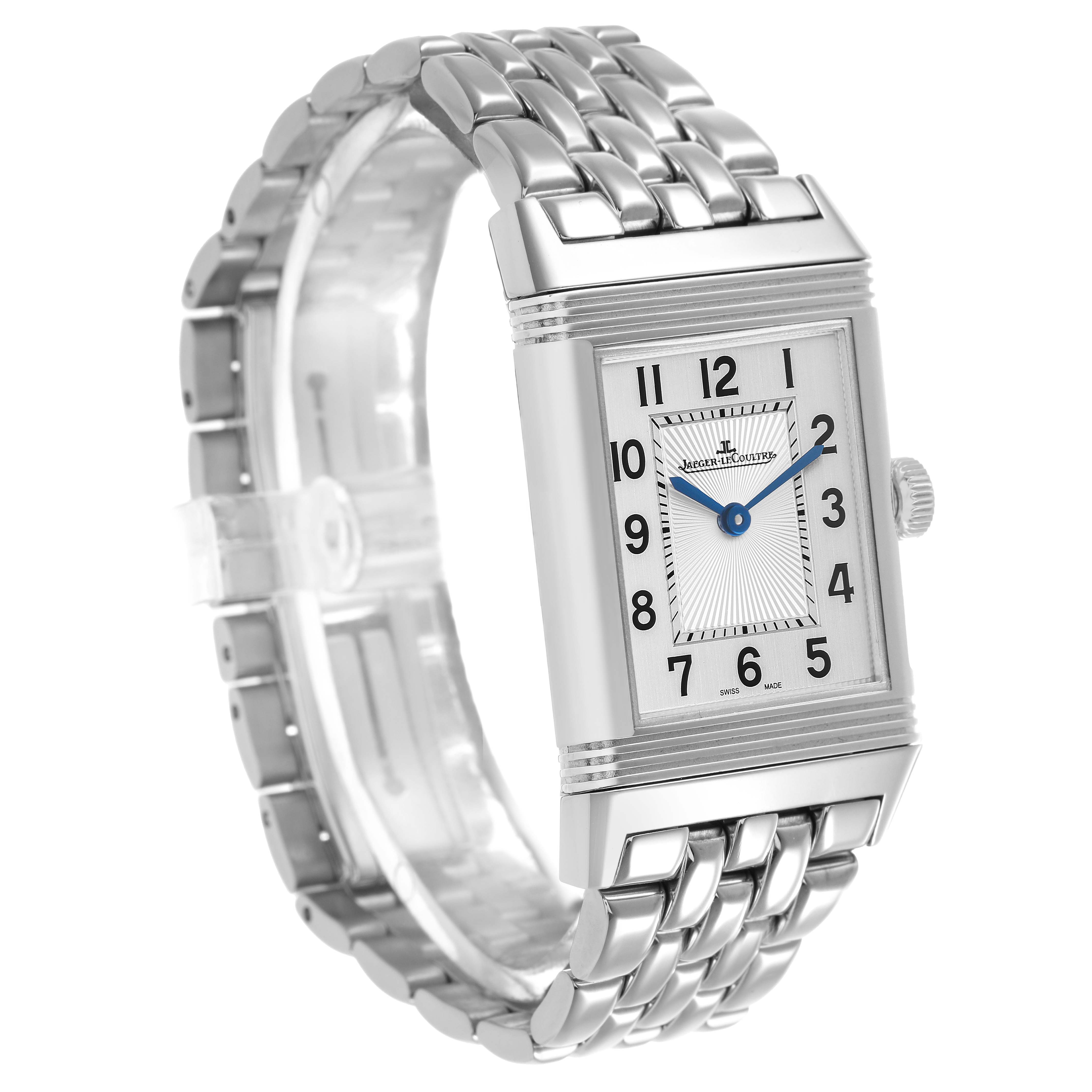 The Jaeger LeCoultre Reverso Q2548120 Men's Stainless Steel Silver Dial watch is shown at a three-quarter angle, highlighting its rectangular face and metal bracelet.