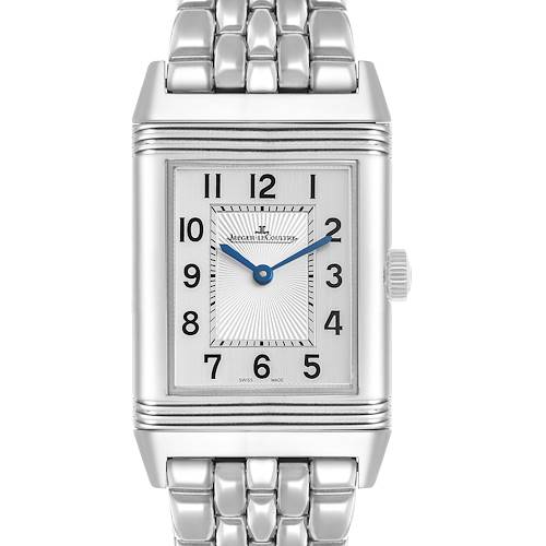 The image shows a front view of the Jaeger-LeCoultre Reverso watch displaying the dial, crown, and bracelet.