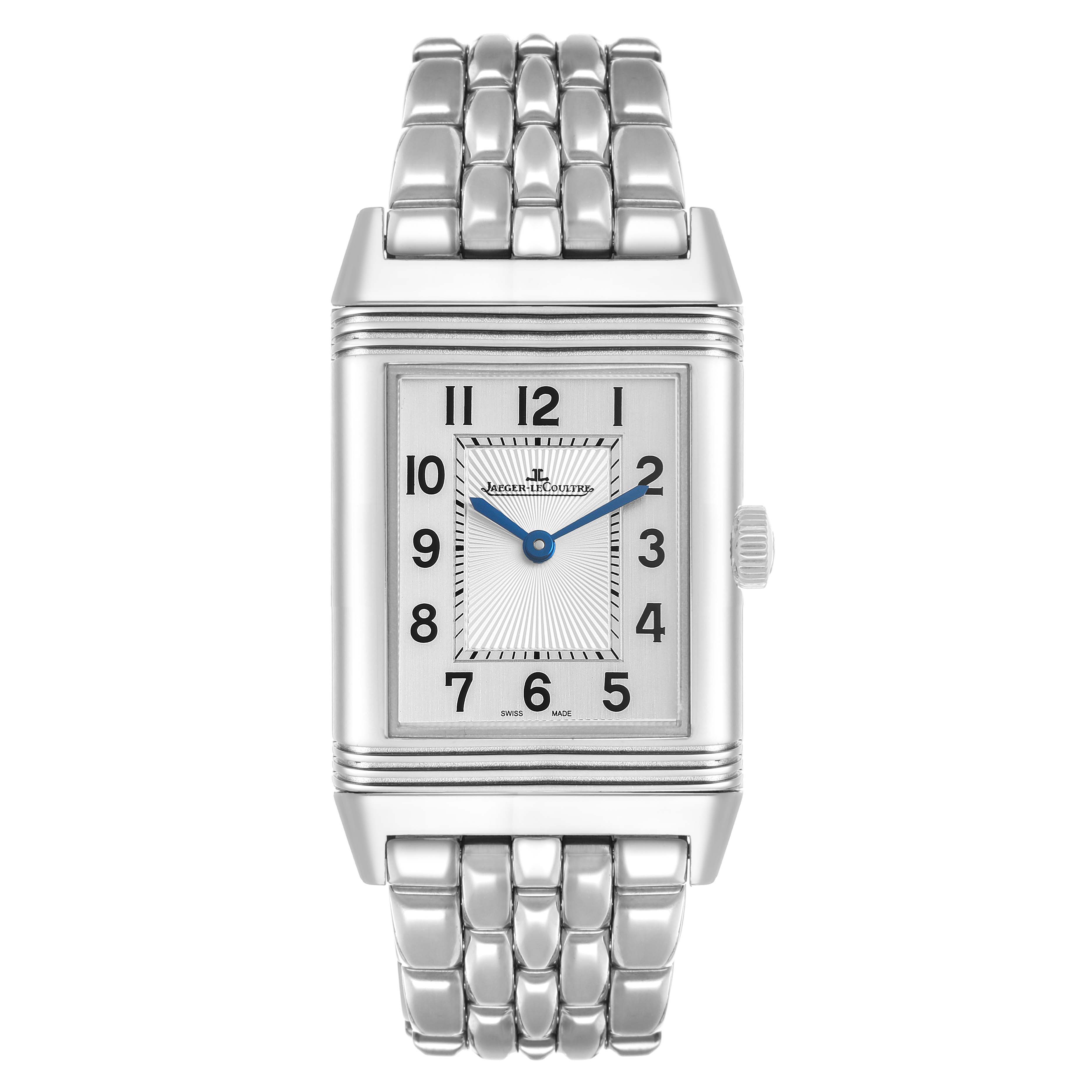 The Jaeger-LeCoultre Reverso watch is shown from a frontal angle, displaying the face, crown, and metal bracelet.