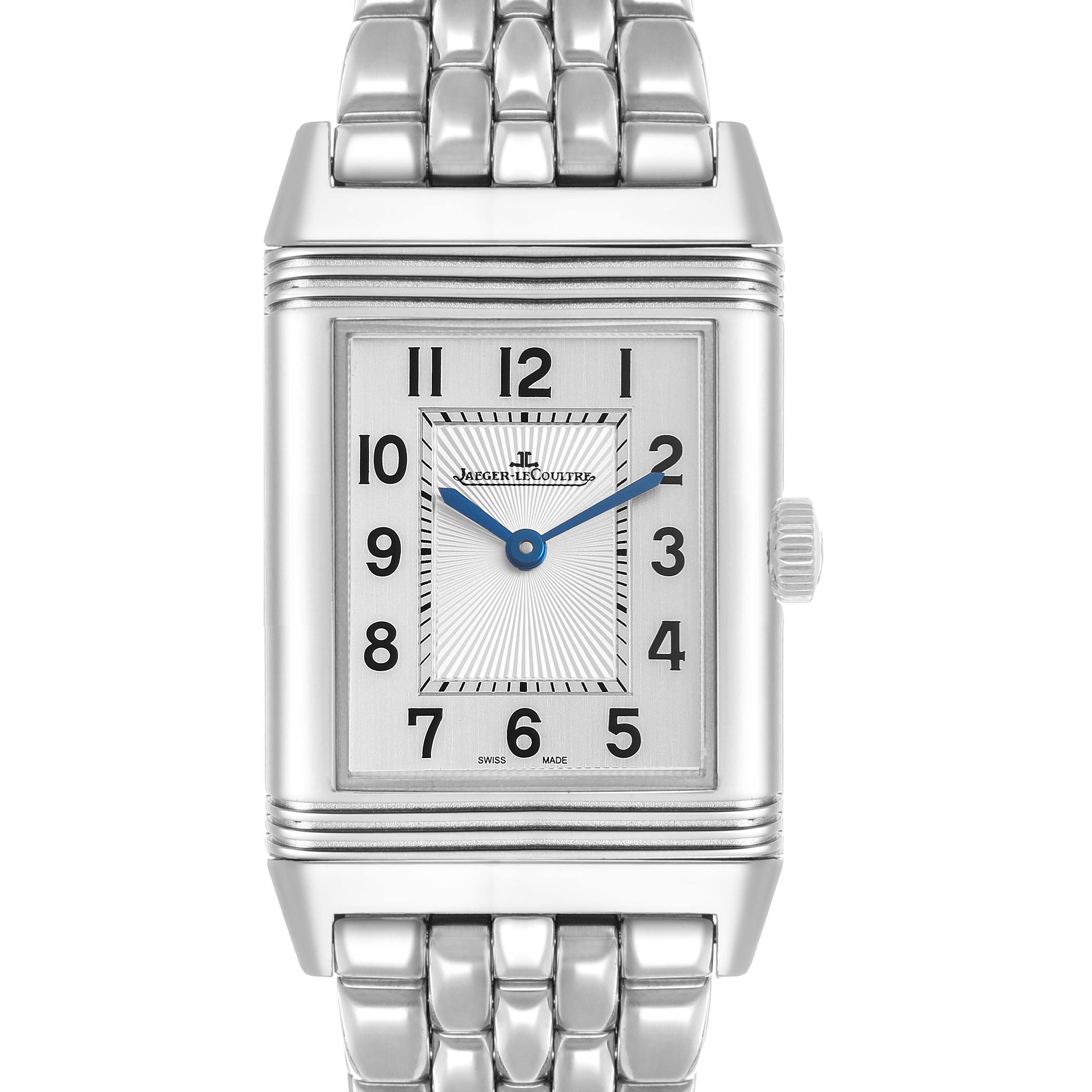 The Jaeger LeCoultre Reverso Q2548120 Men's Stainless Steel Silver Dial watch is shown from the front, displaying the dial, case, crown, and part of the metal bracelet.