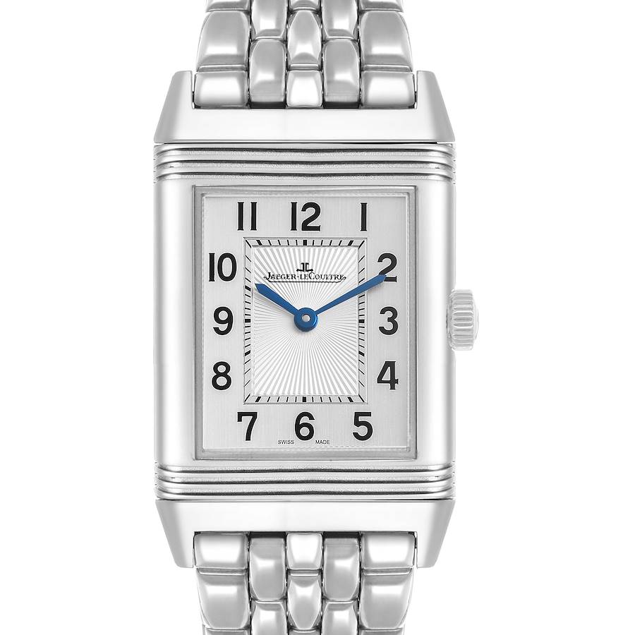 The Jaeger LeCoultre Reverso Q2548120 Men's Stainless Steel Silver Dial watch is shown from the front, displaying the dial, case, crown, and part of the metal bracelet.