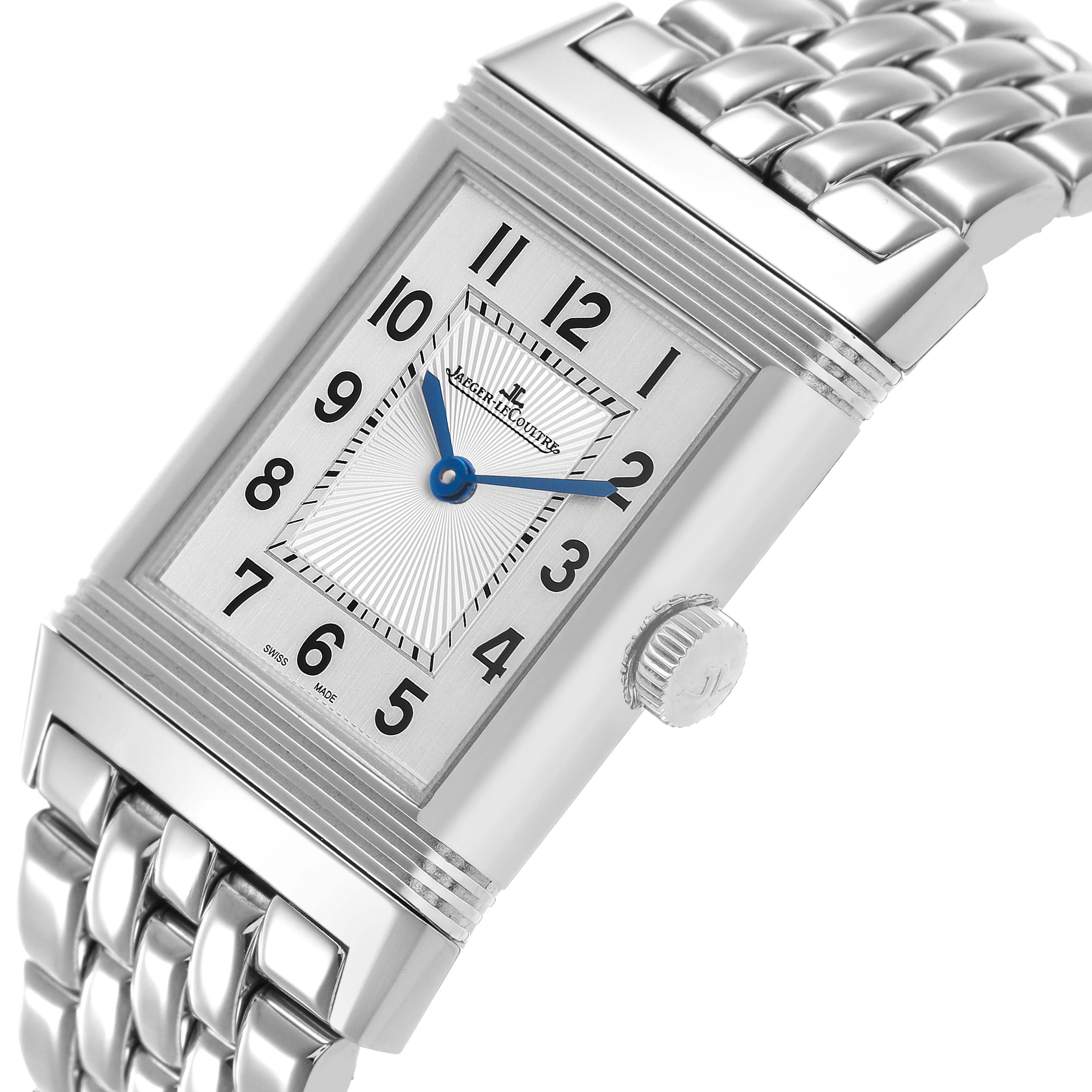 The Jaeger LeCoultre Reverso Q2548120 Men's Stainless Steel Silver Dial model is shown from a tilted angle, highlighting its rectangular face, crown, and metal bracelet.