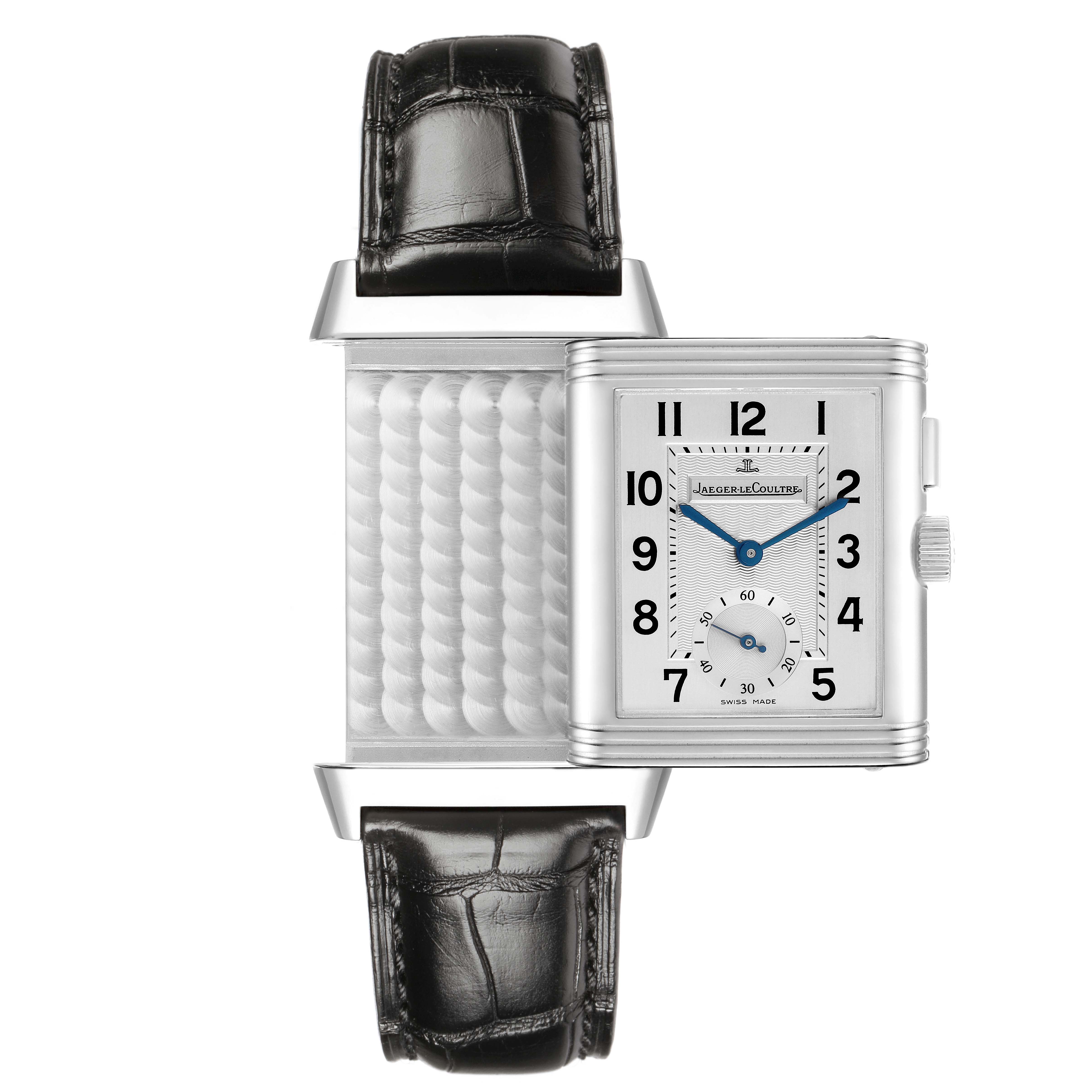 The Jaeger LeCoultre Reverso Q2718411 / 272.8.51 Men's Stainless Steel Silver Dial watch is shown from the front with its case open, revealing the detailed internal pattern.