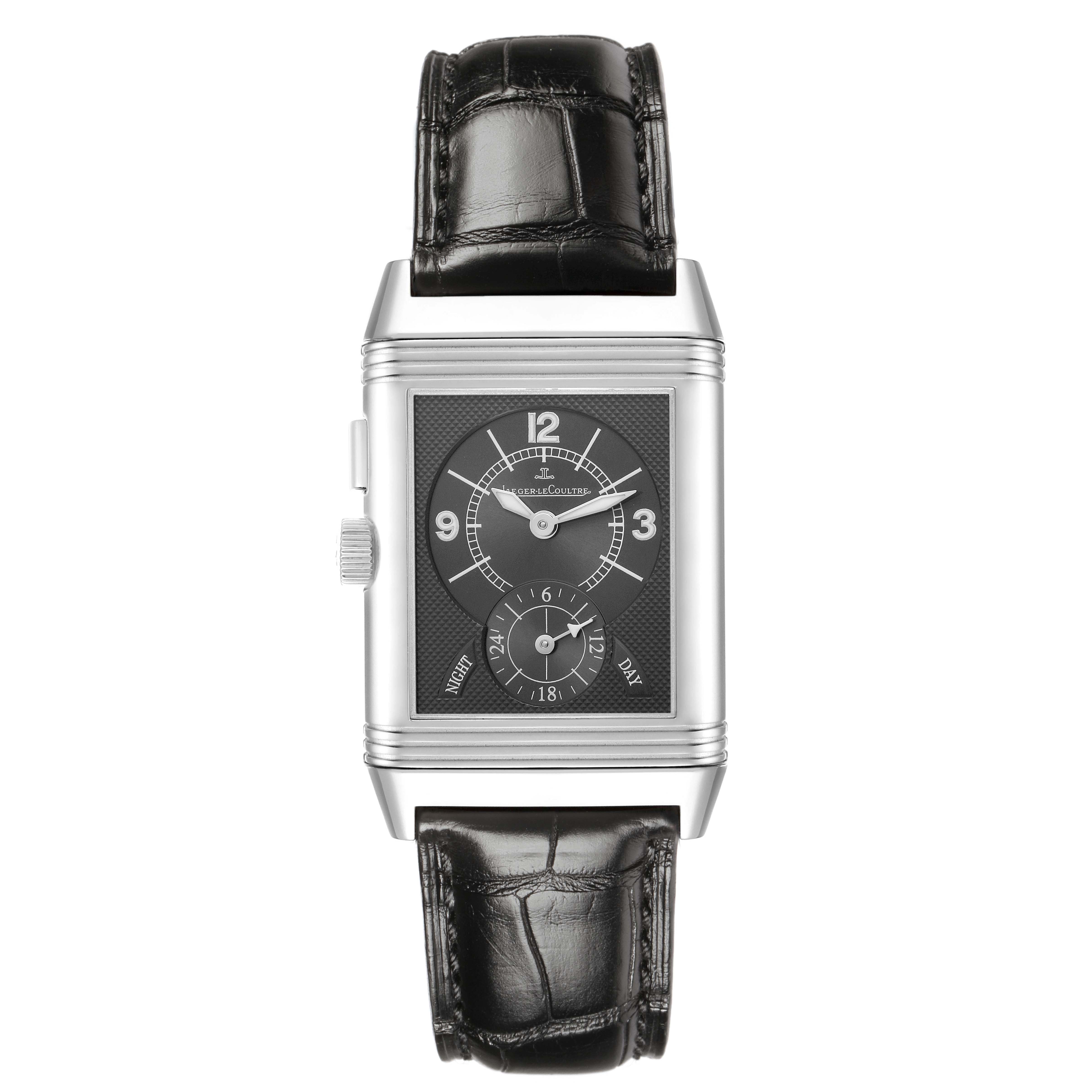 The image shows a front view of the Jaeger LeCoultre Reverso Q2718411 / 272.8.51 Men's Stainless Steel Silver Dial, highlighting the watch face, crown, and leather strap.