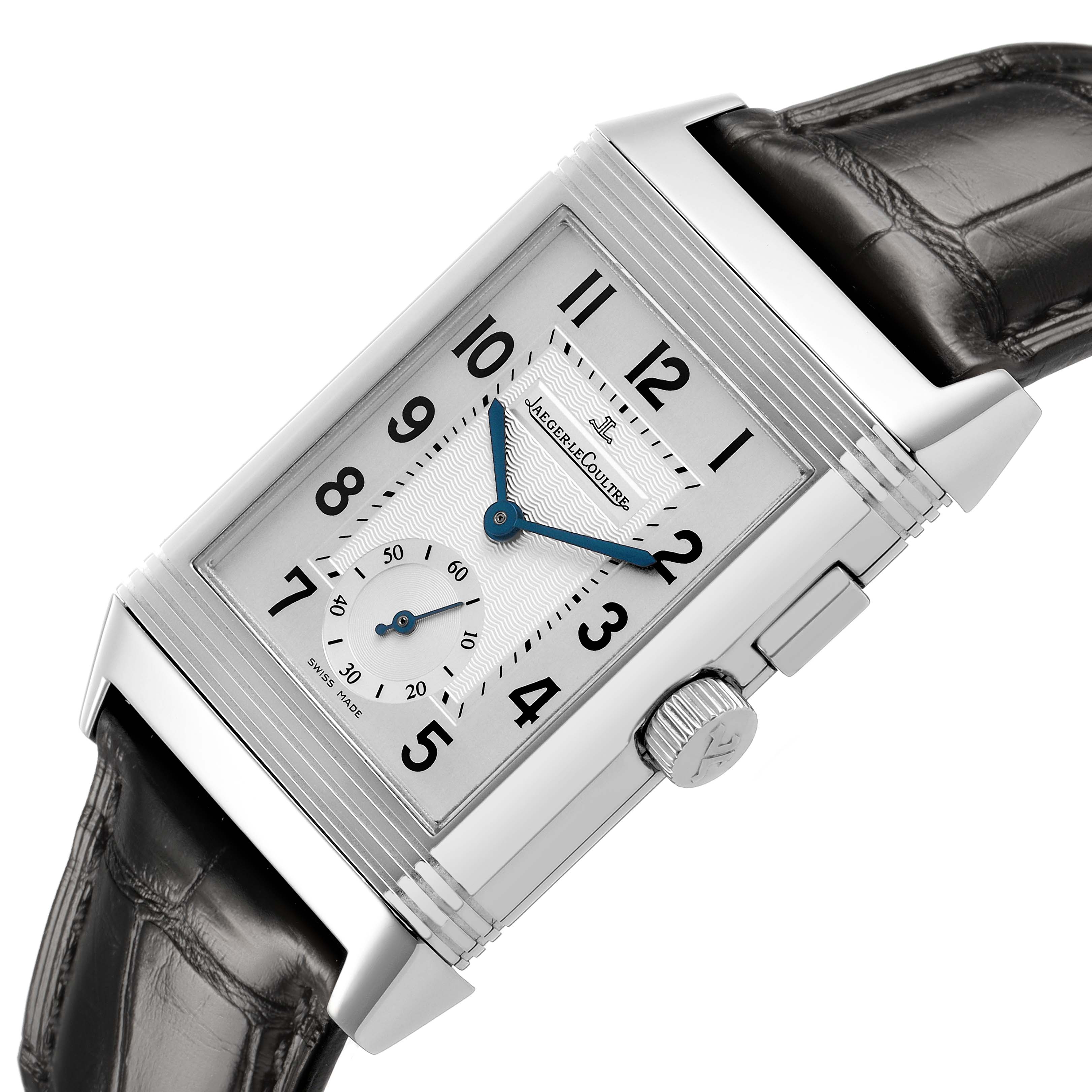 The Jaeger LeCoultre Reverso Q2718411 / 272.8.51 Men's Stainless Steel Silver Dial watch is shown at an angled view, highlighting the rectangular face, crown, and part of the strap.