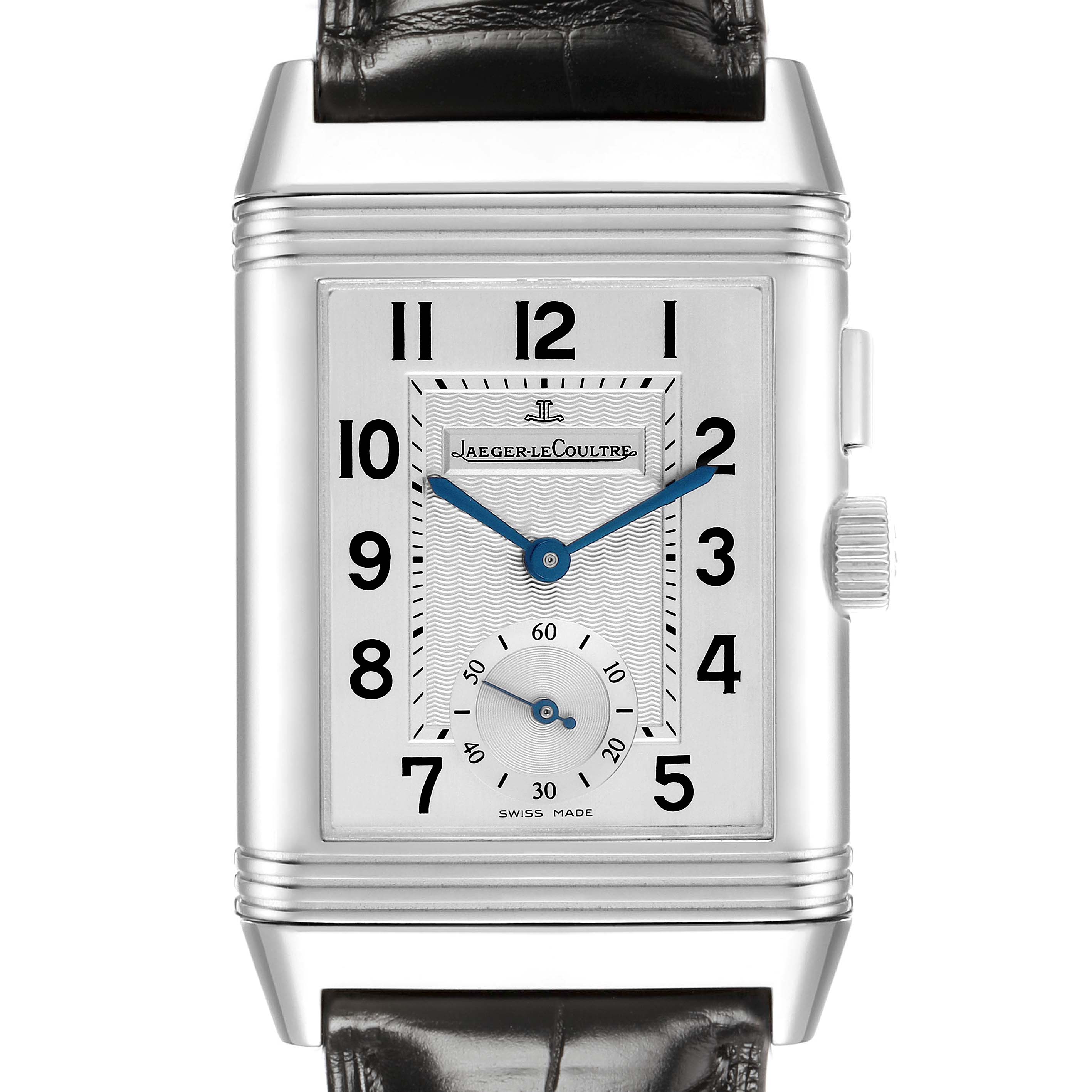 The Jaeger-LeCoultre Reverso watch is shown from the front, displaying the face, hands, and crown.