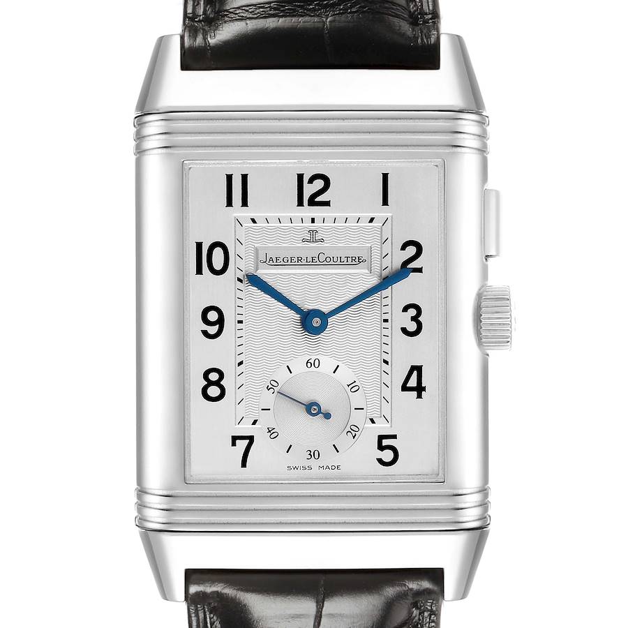 The Jaeger-LeCoultre Reverso watch is shown from the front, displaying the face, hands, and crown.
