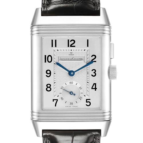 The Jaeger-LeCoultre Reverso watch is shown from the front, displaying the dial, hands, and crown.