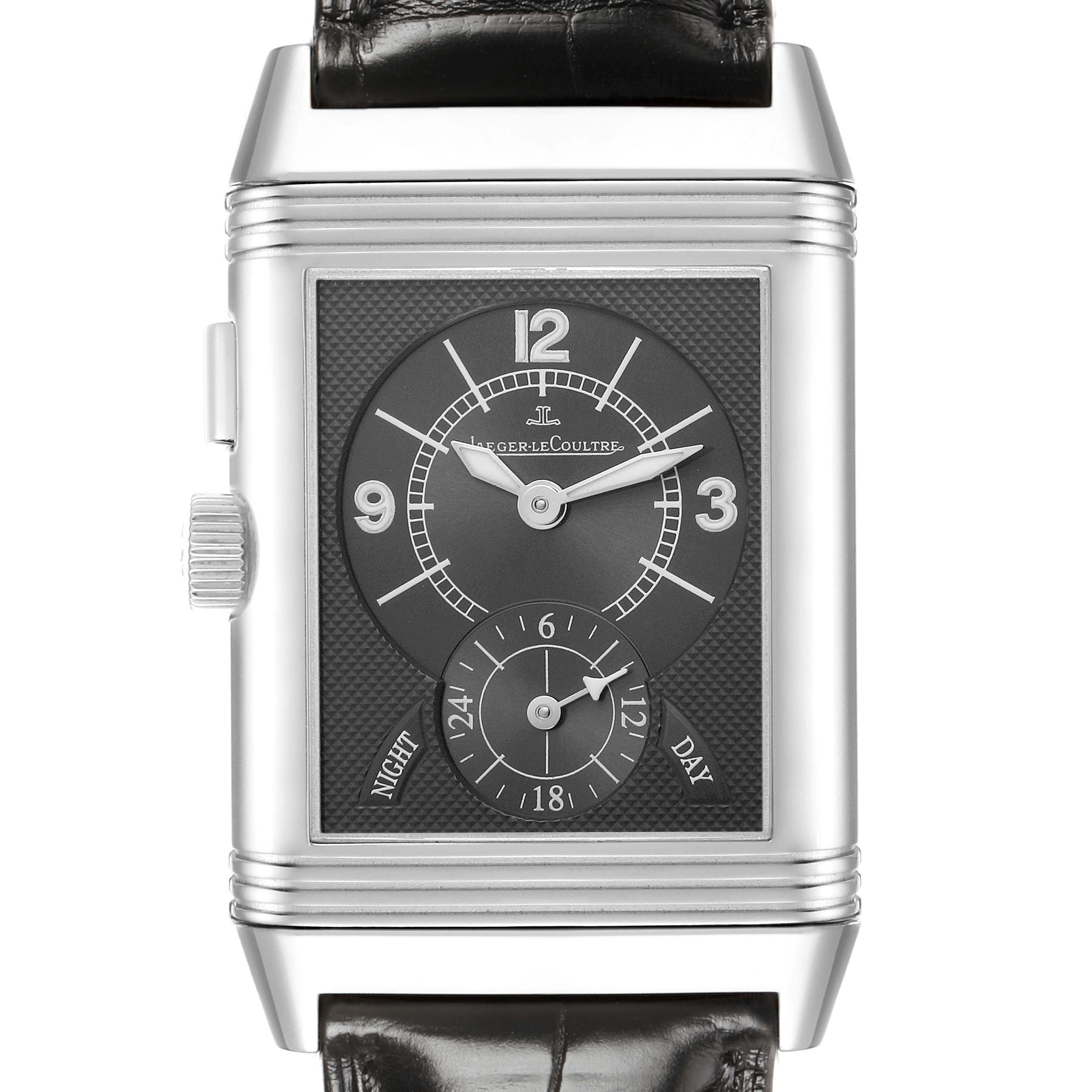 The image shows a front view of the Jaeger LeCoultre Reverso Q2718411 / 272.8.51 Men's Stainless Steel Silver Dial watch, highlighting its dial, subdial, and case.
