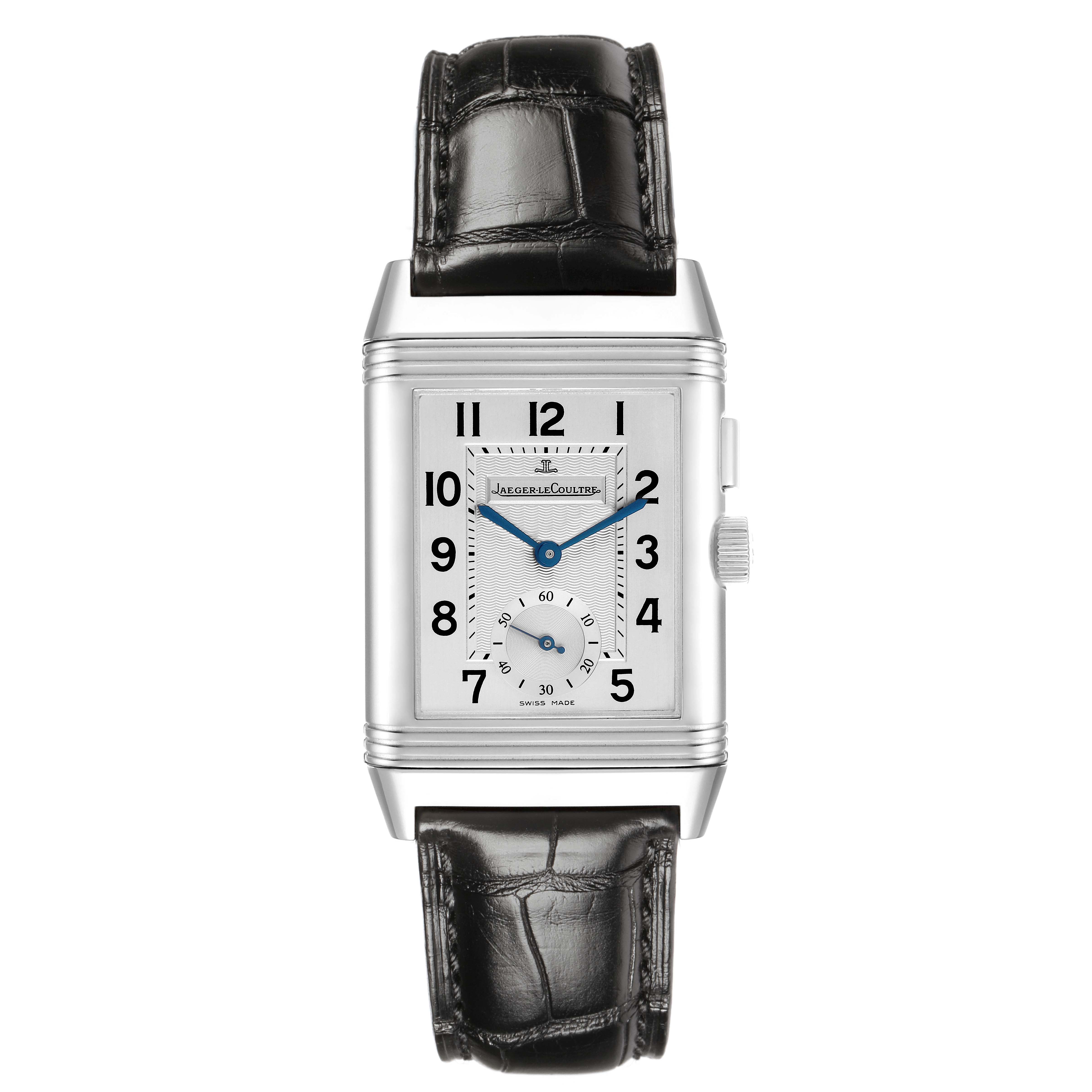 The Jaeger-LeCoultre Reverso watch is shown from the front, highlighting the dial, case, leather strap, and side crown.