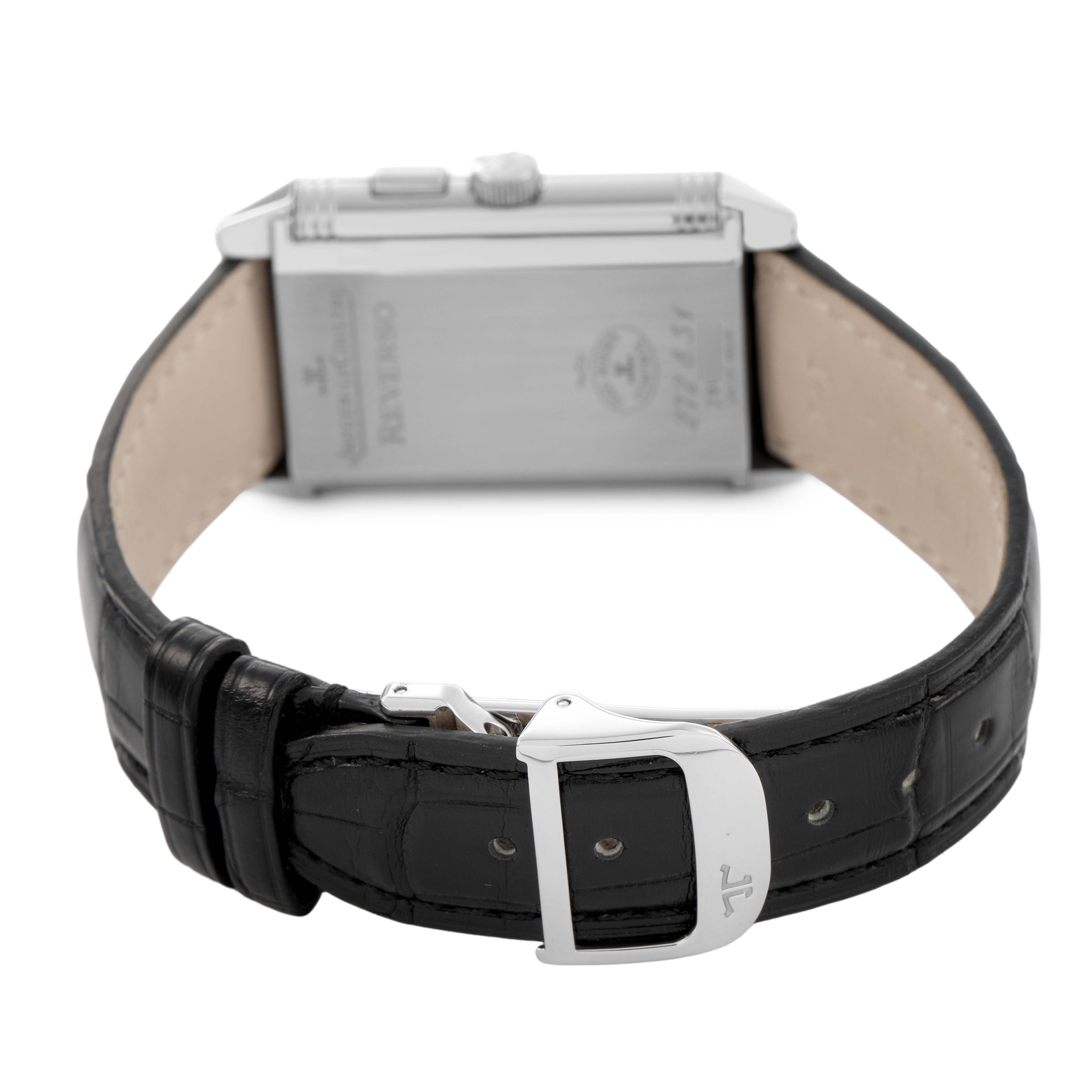 The image shows the back of a Jaeger LeCoultre Reverso Q2718411 / 272.8.51 Men's Stainless Steel Silver Dial watch, highlighting the clasp and inside of the leather strap.