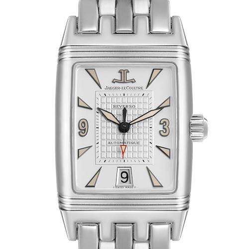 The Jaeger LeCoultre Reverso Q2908101 Men's Stainless Steel Silver Dial watch is shown from the front, displaying its dial, crown, and part of the bracelet.
