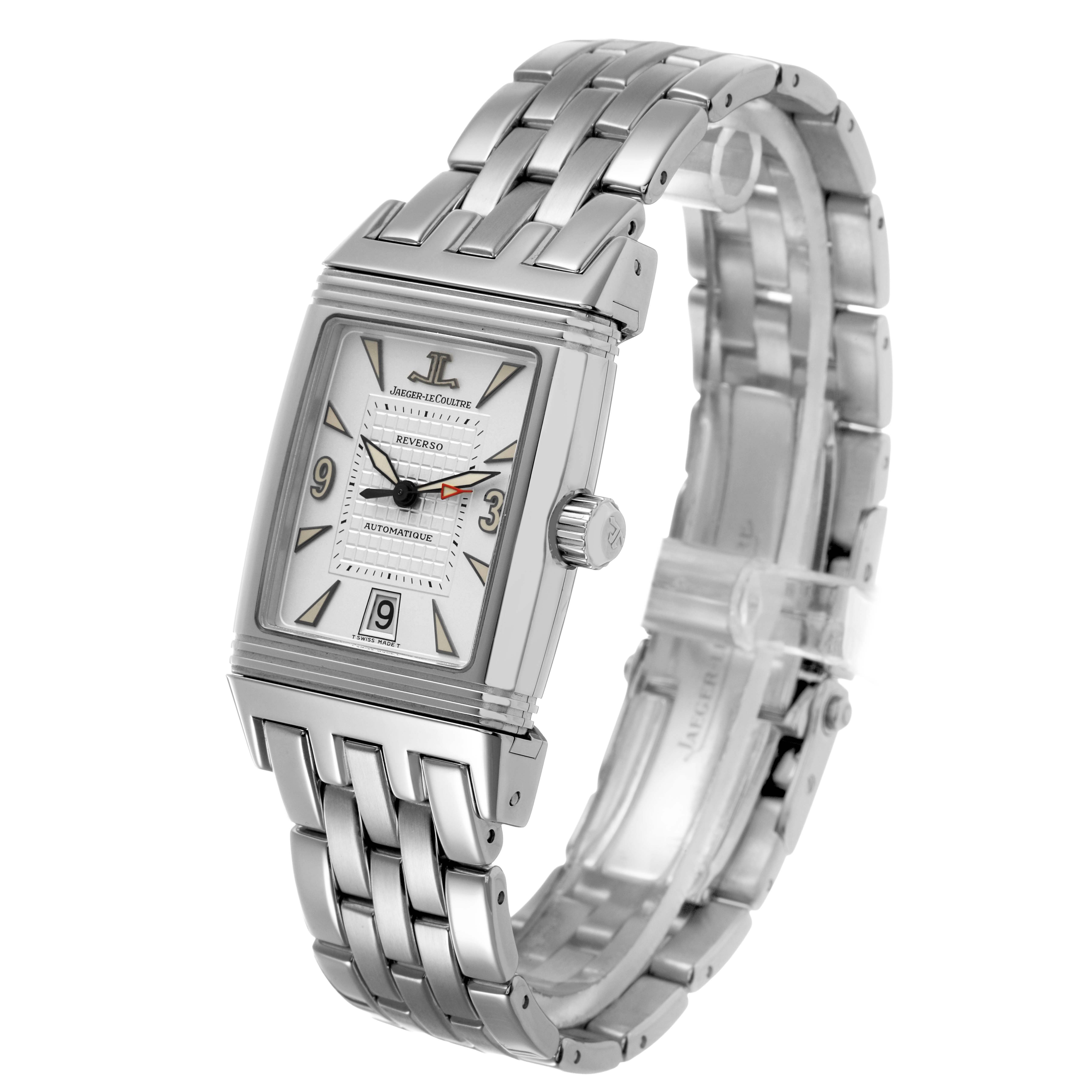 The Jaeger-LeCoultre Reverso watch is shown at a three-quarter angle, highlighting the dial, crown, and metal bracelet.