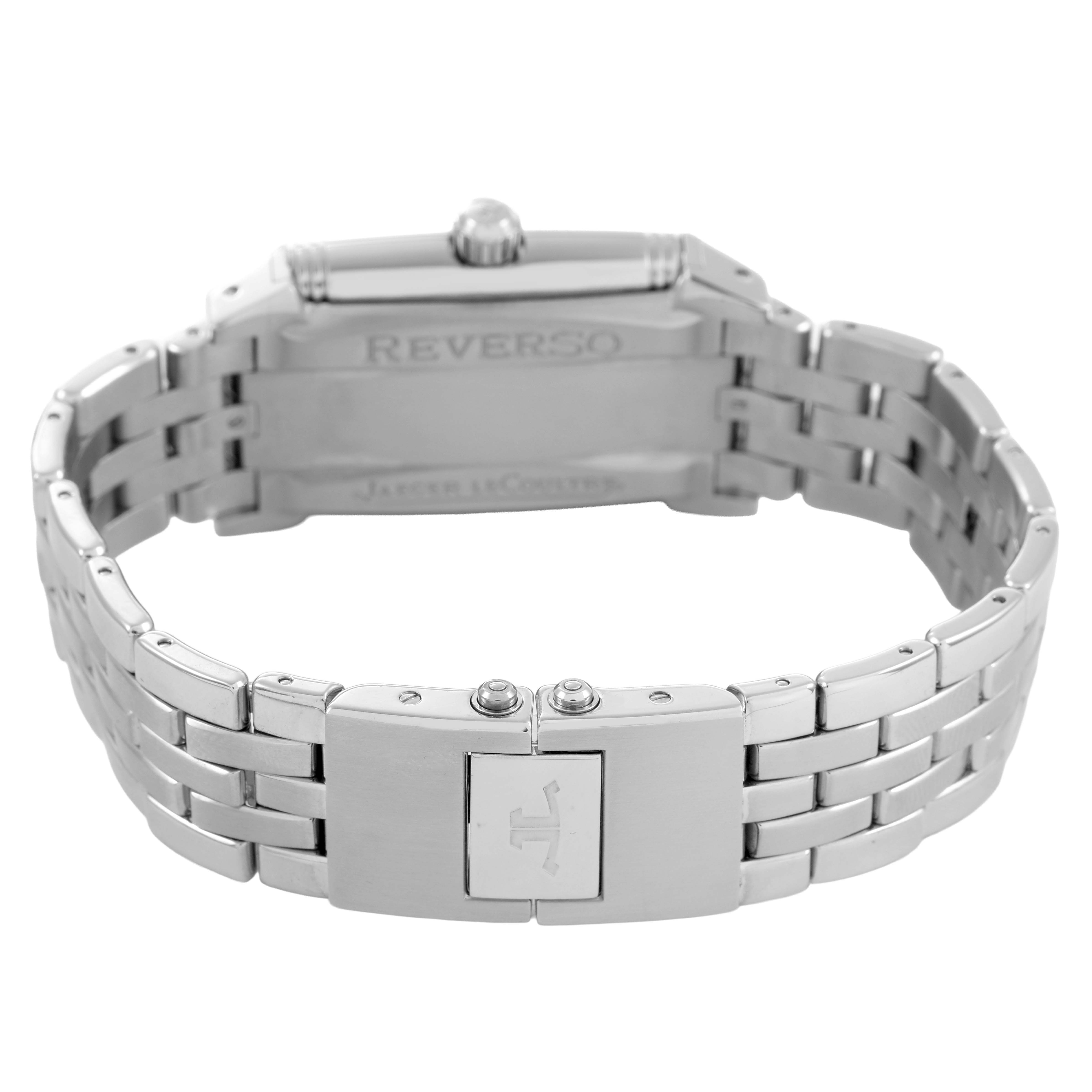 The Jaeger LeCoultre Reverso Q2908101 Men's Stainless Steel Silver Dial watch is shown from the rear, highlighting the clasp and bracelet.