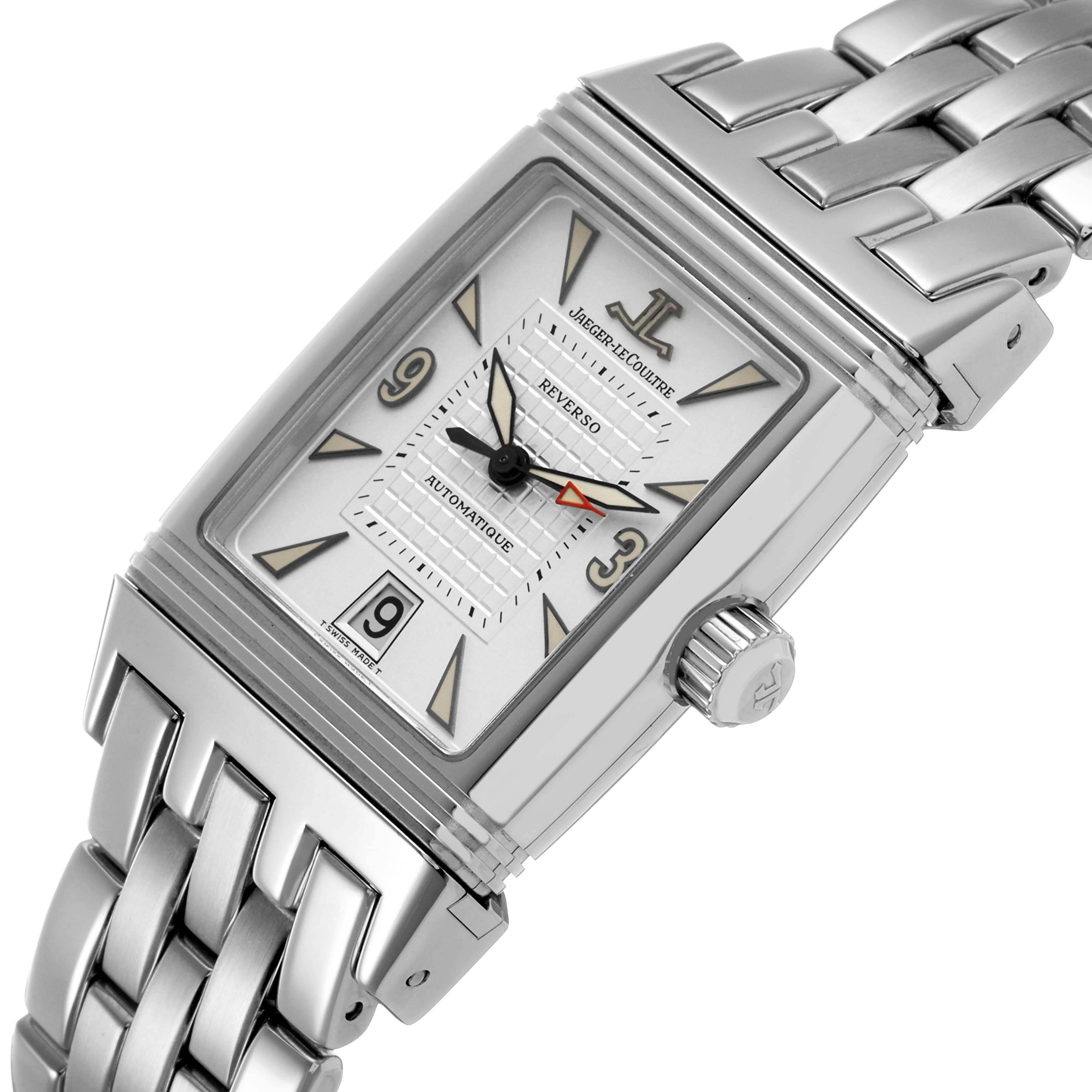 The Jaeger-LeCoultre Reverso watch is shown at an angled close-up, highlighting the case, dial, and part of the bracelet.