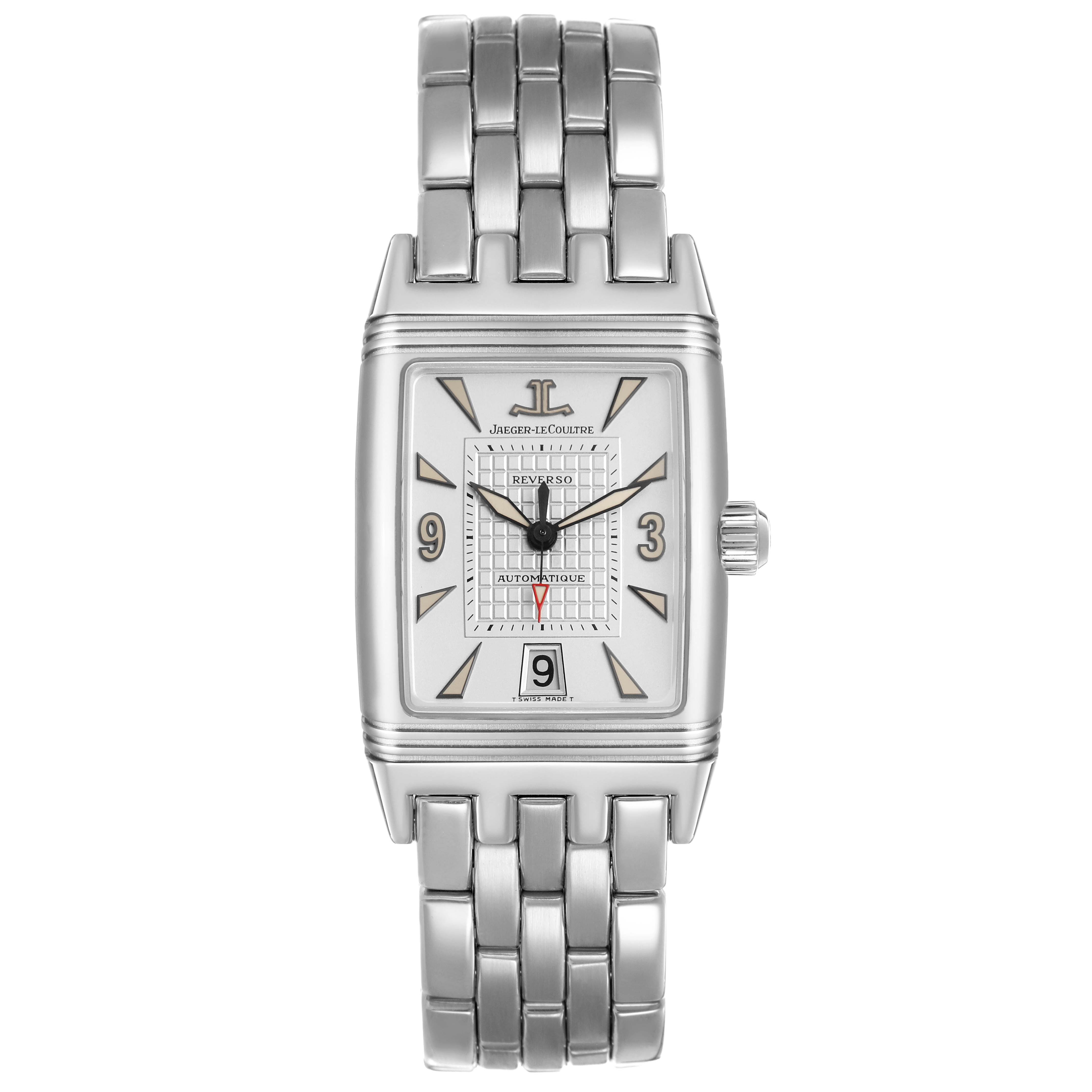 The image shows a front-facing view of the Jaeger-LeCoultre Reverso watch, highlighting the dial and metal bracelet.