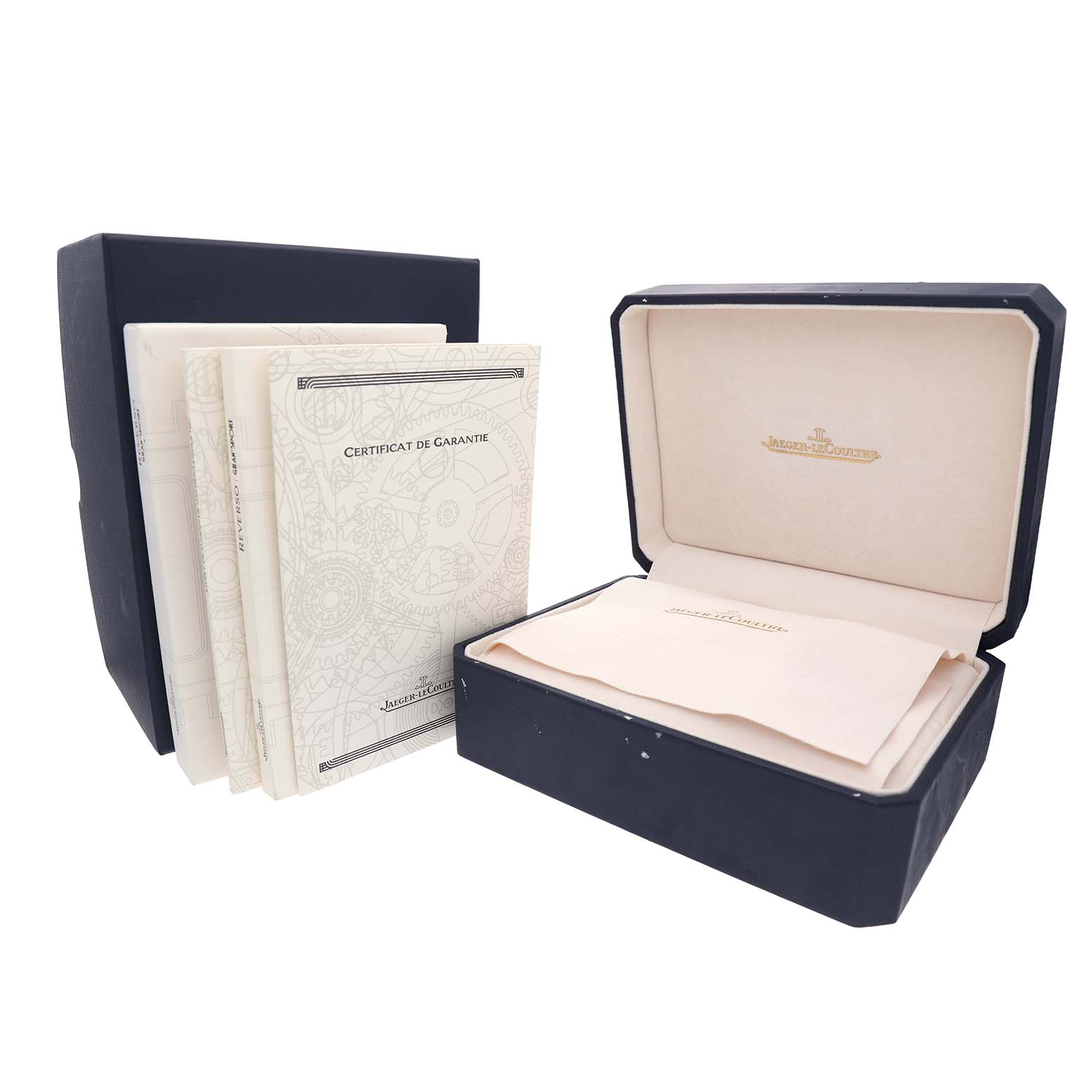 The image shows the Jaeger LeCoultre Reverso Q2908101 Men's Stainless Steel Silver Dial watch box, guarantee certificate, and a branded cloth, viewed from the front.