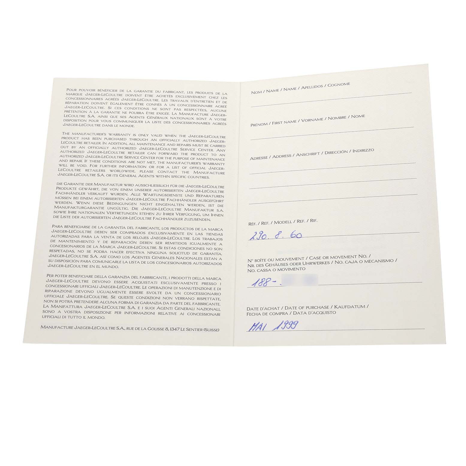 The image shows an open warranty booklet for a Jaeger LeCoultre Reverso Q2908101 Men's Stainless Steel Silver Dial watch, displaying text and sections for model information.