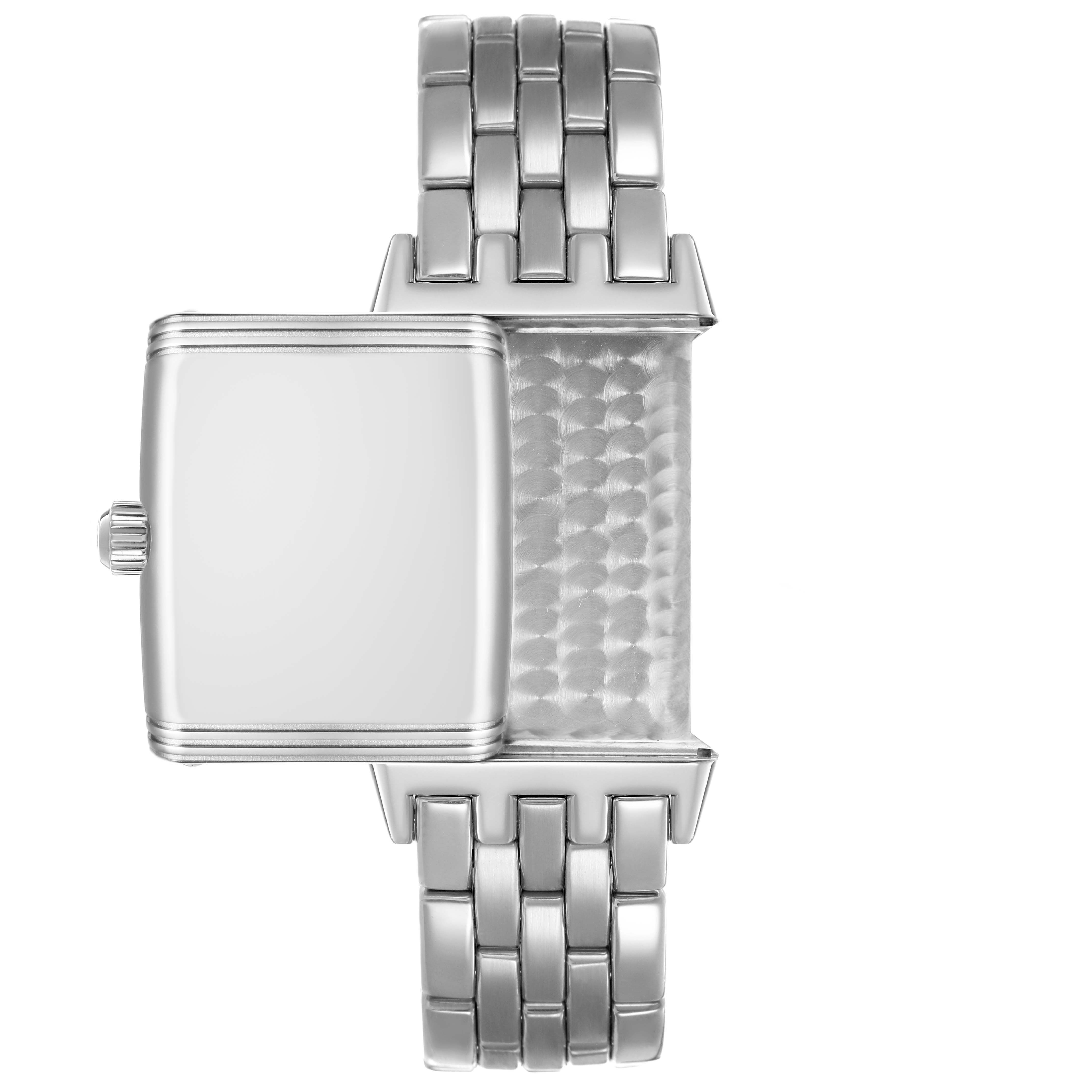 The image shows a Jaeger-LeCoultre Reverso watch in a side view with the case rotated, revealing the back and part of the bracelet.
