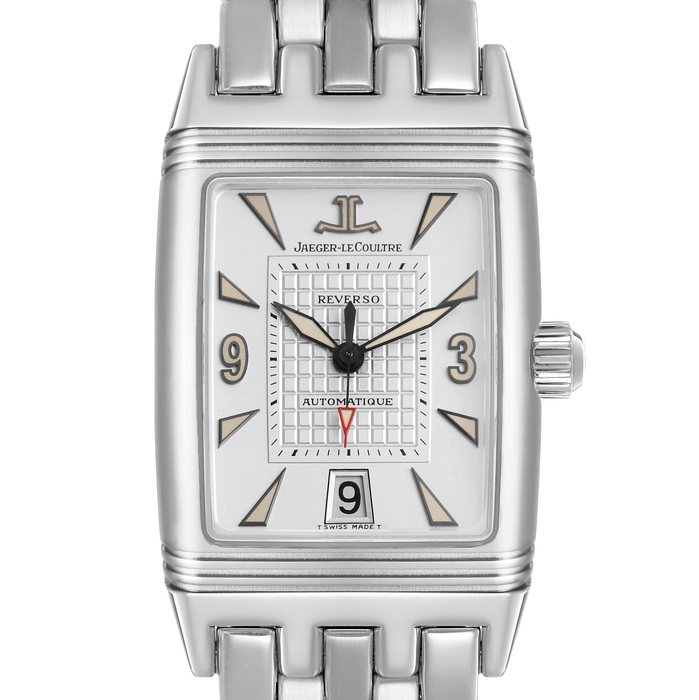 The image shows a Jaeger LeCoultre Reverso Q2908101 Men's Stainless Steel Silver Dial watch from a front angle, highlighting the face, hands, crown, and metal bracelet.