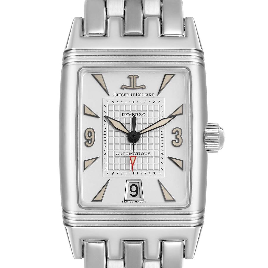 The image shows a Jaeger LeCoultre Reverso Q2908101 Men's Stainless Steel Silver Dial watch from a front angle, highlighting the face, hands, crown, and metal bracelet.