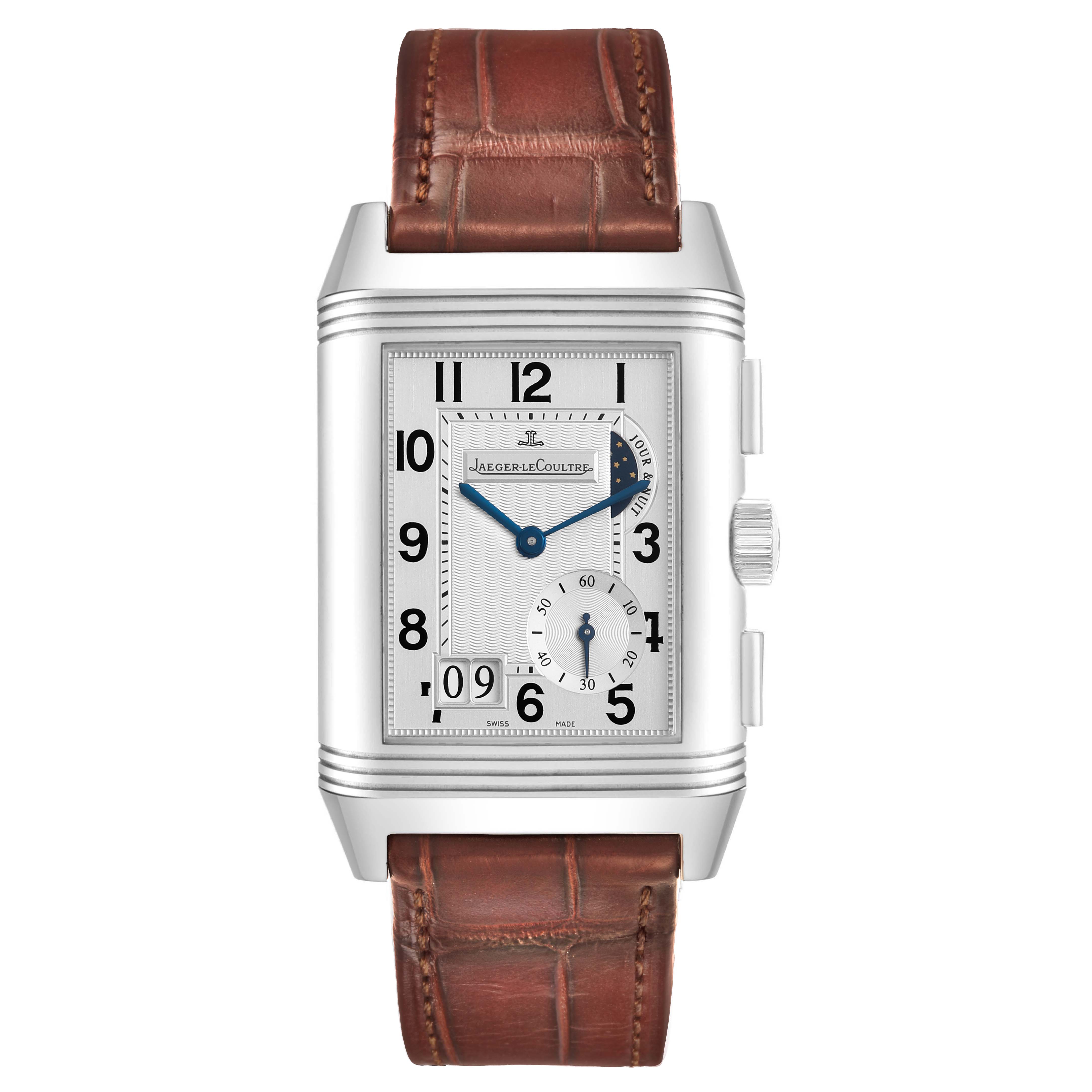 The Jaeger-LeCoultre Reverso watch is shown from the front, highlighting its dial, numerals, hands, and leather strap.