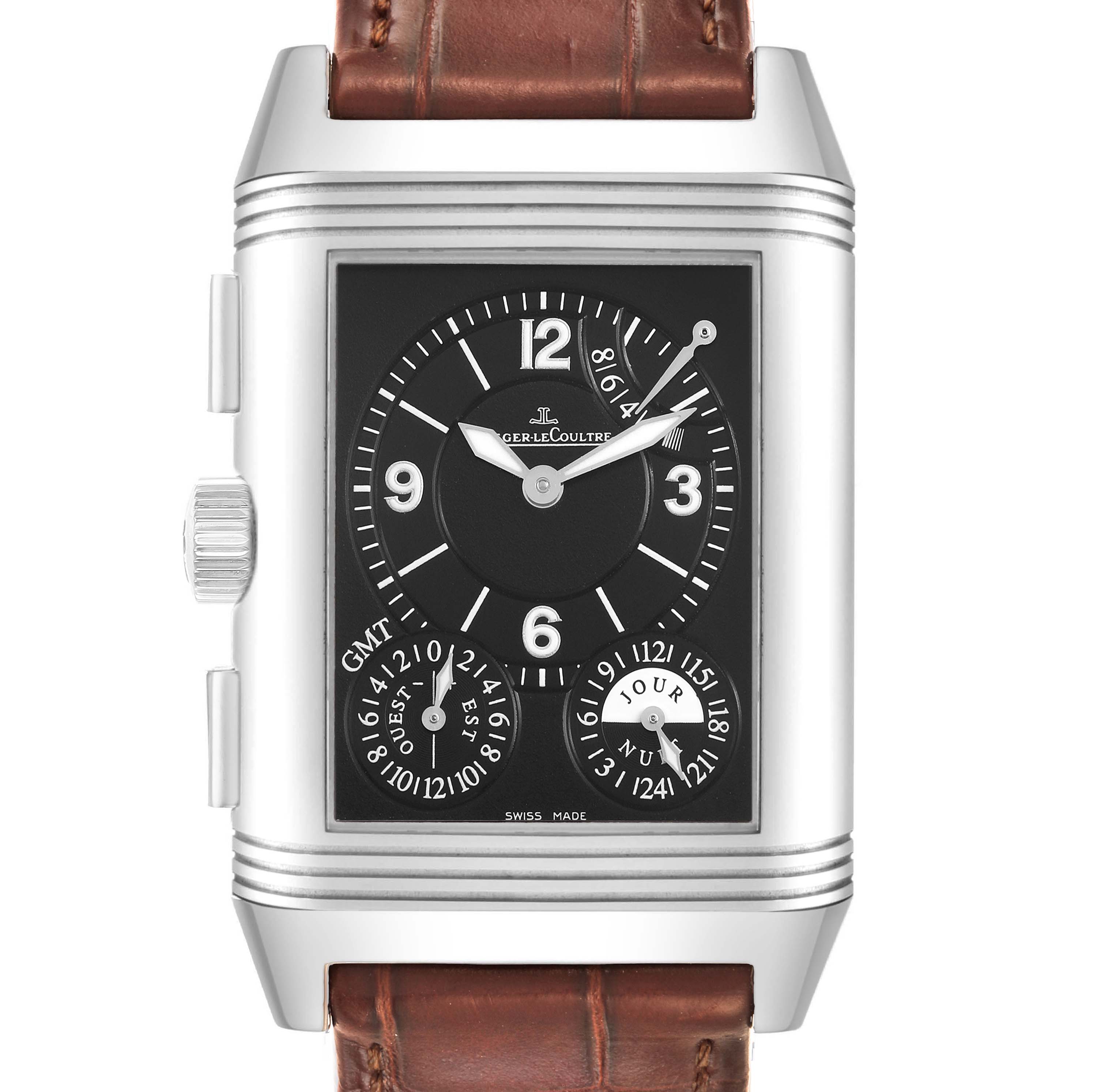 The Jaeger LeCoultre Reverso Q3028420 / 240.8.18 Men's Stainless Steel Silver Dial watch is shown straight-on, highlighting its dual dials and rectangular case.