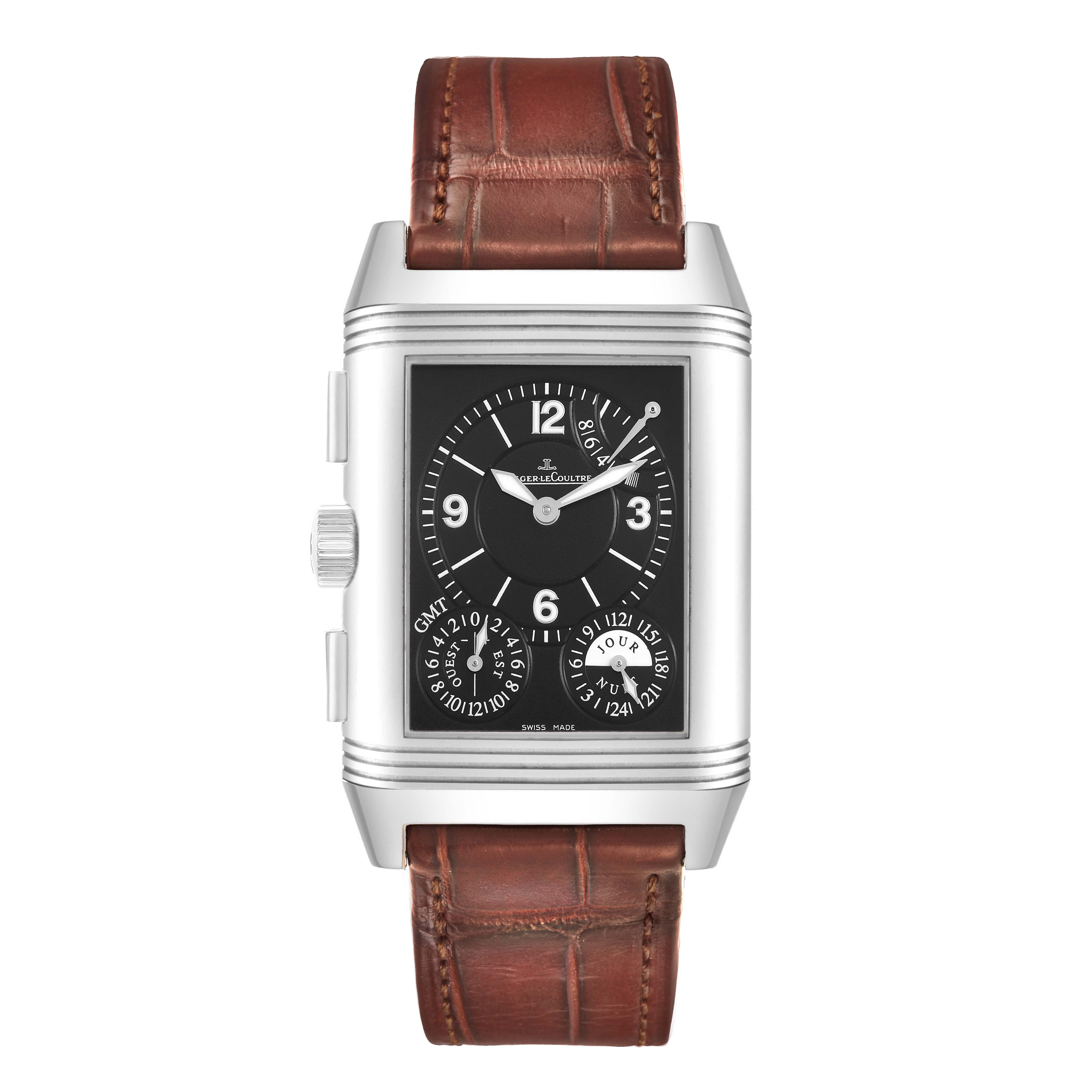 The Jaeger LeCoultre Reverso Q3028420 / 240.8.18 Men's Stainless Steel Silver Dial watch is shown from a front angle, displaying its rectangular face, dial, and leather strap.