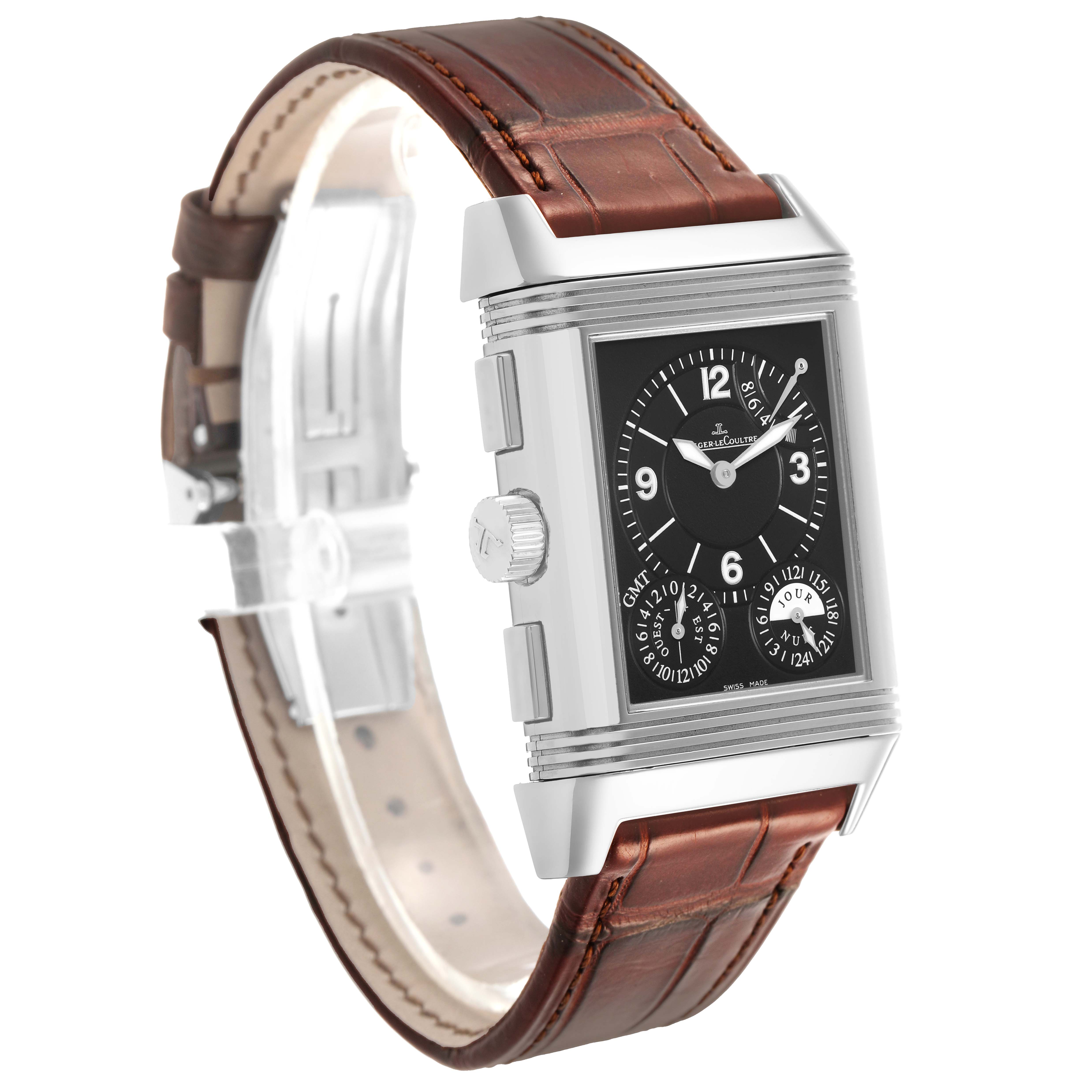 The Jaeger-LeCoultre Reverso watch is shown at a three-quarter angle, highlighting the case, face, crown, and leather strap.
