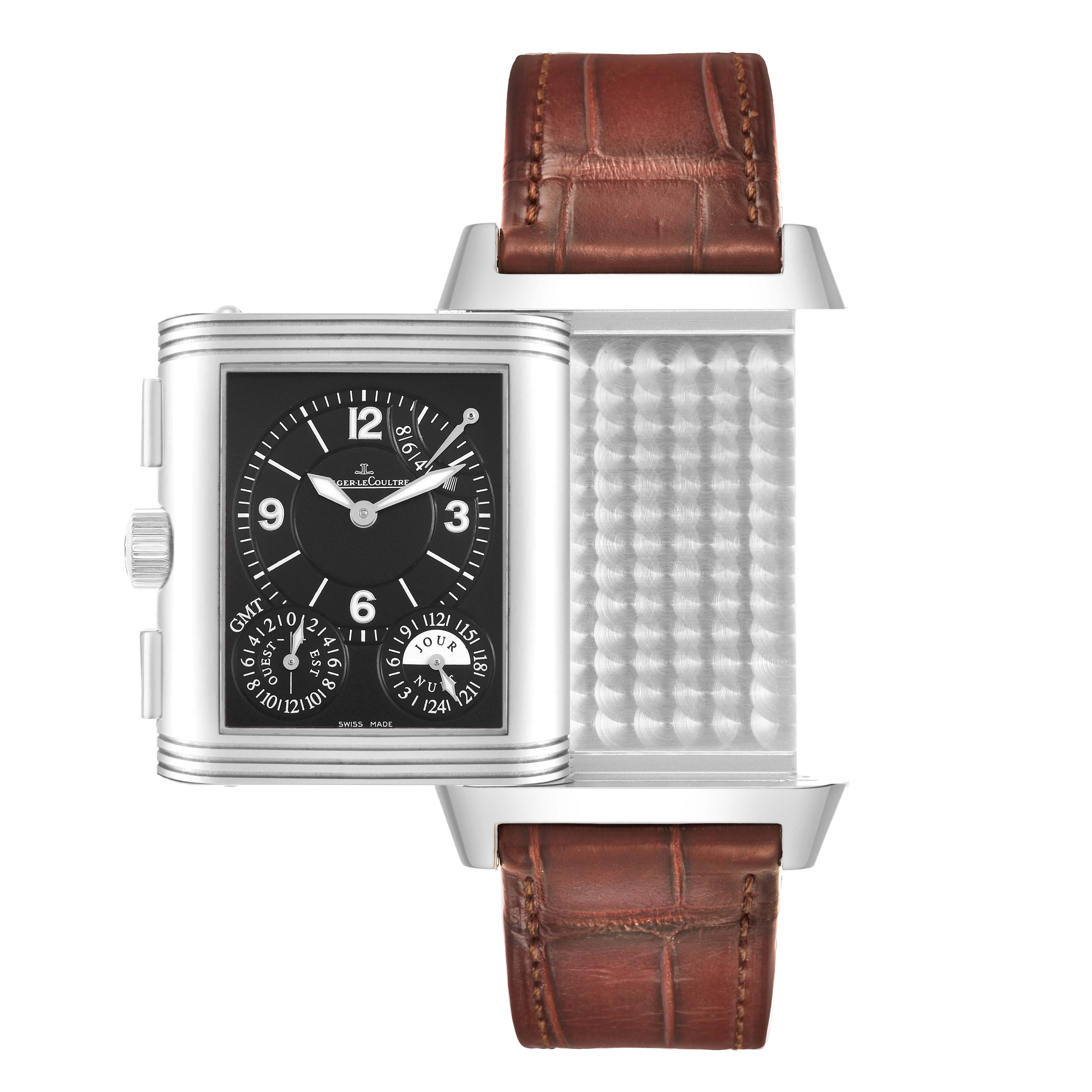 The Jaeger LeCoultre Reverso Q3028420 / 240.8.18 Men's Stainless Steel Silver Dial watch is shown from the front, with its case rotated, displaying both the dial and the reverse side.