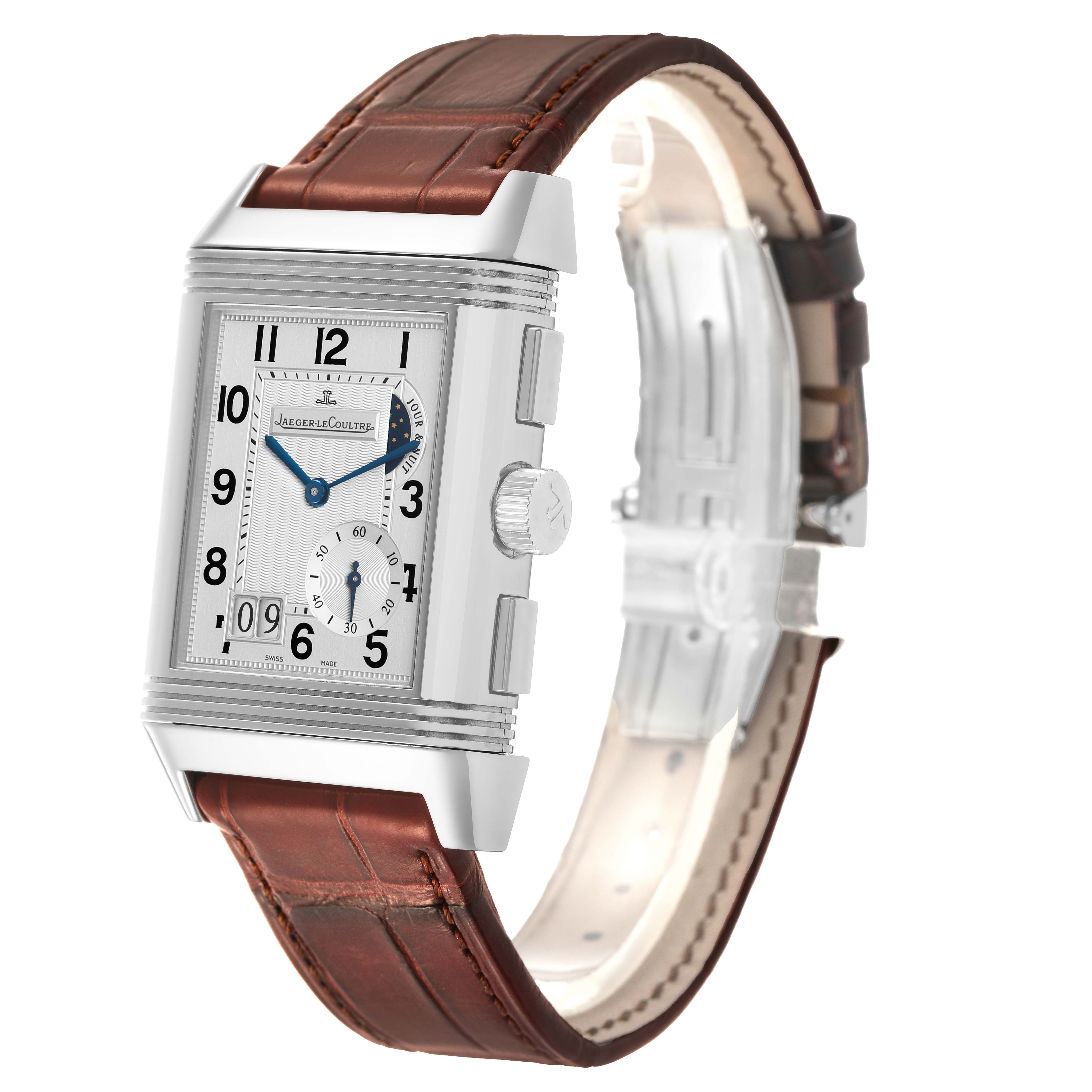 The Jaeger-LeCoultre Reverso watch is shown at an angled side view, displaying the dial, crown, and leather strap.