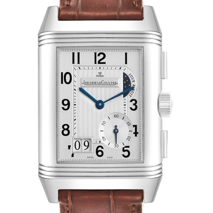The Jaeger LeCoultre Reverso Q3028420 / 240.8.18 Men's Stainless Steel Silver Dial watch is shown from the front, displaying its dial, hands, subdial, crown, and leather strap.