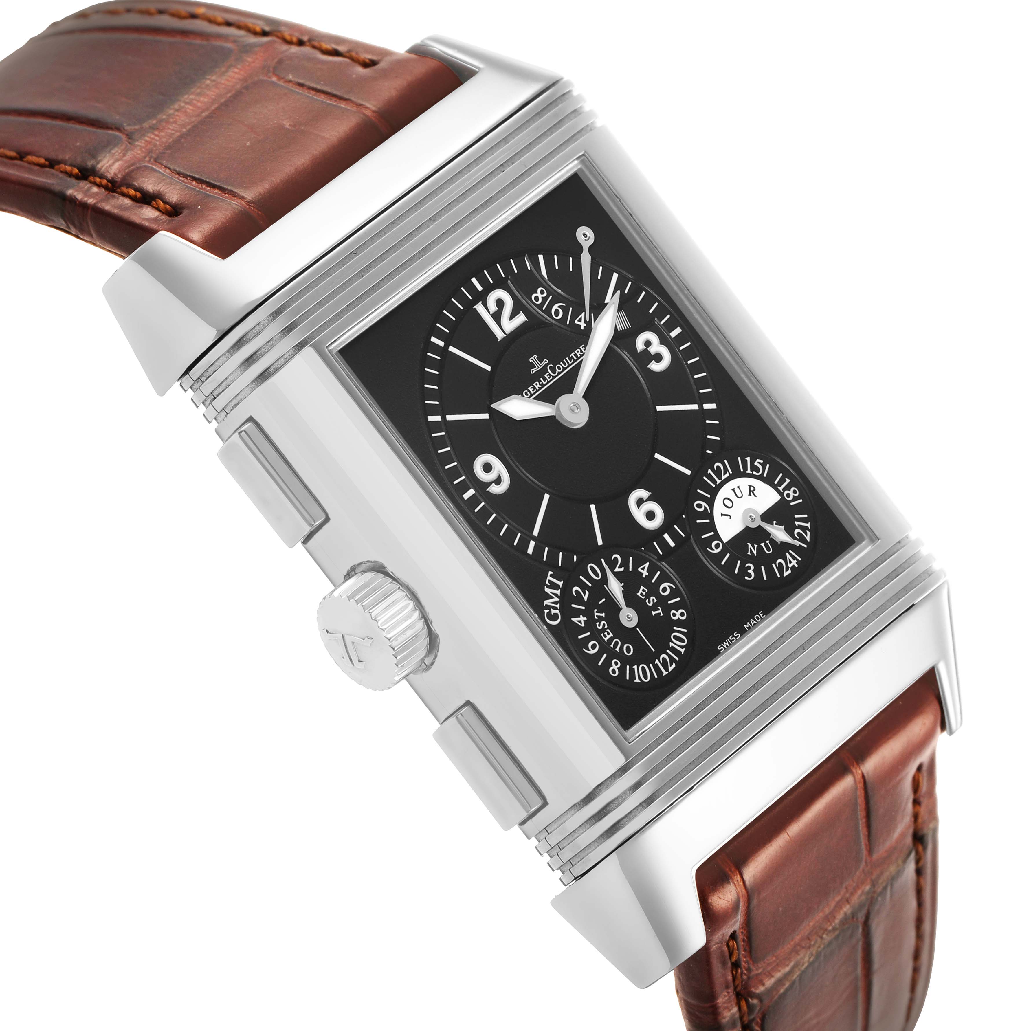 The Jaeger LeCoultre Reverso Q3028420 / 240.8.18 Men's Stainless Steel Silver Dial watch is shown at an angled side view, highlighting the crown, dial, and leather strap.