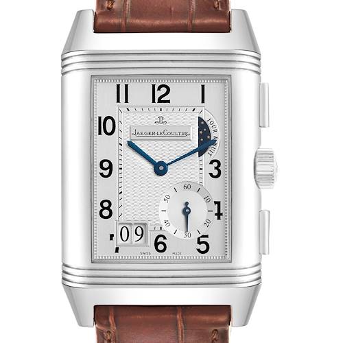 The Jaeger LeCoultre Reverso Q3028420 / 240.8.18 Men's Stainless Steel Silver Dial watch is shown from the front, displaying the face, numerals, hands, subdial, and date window.