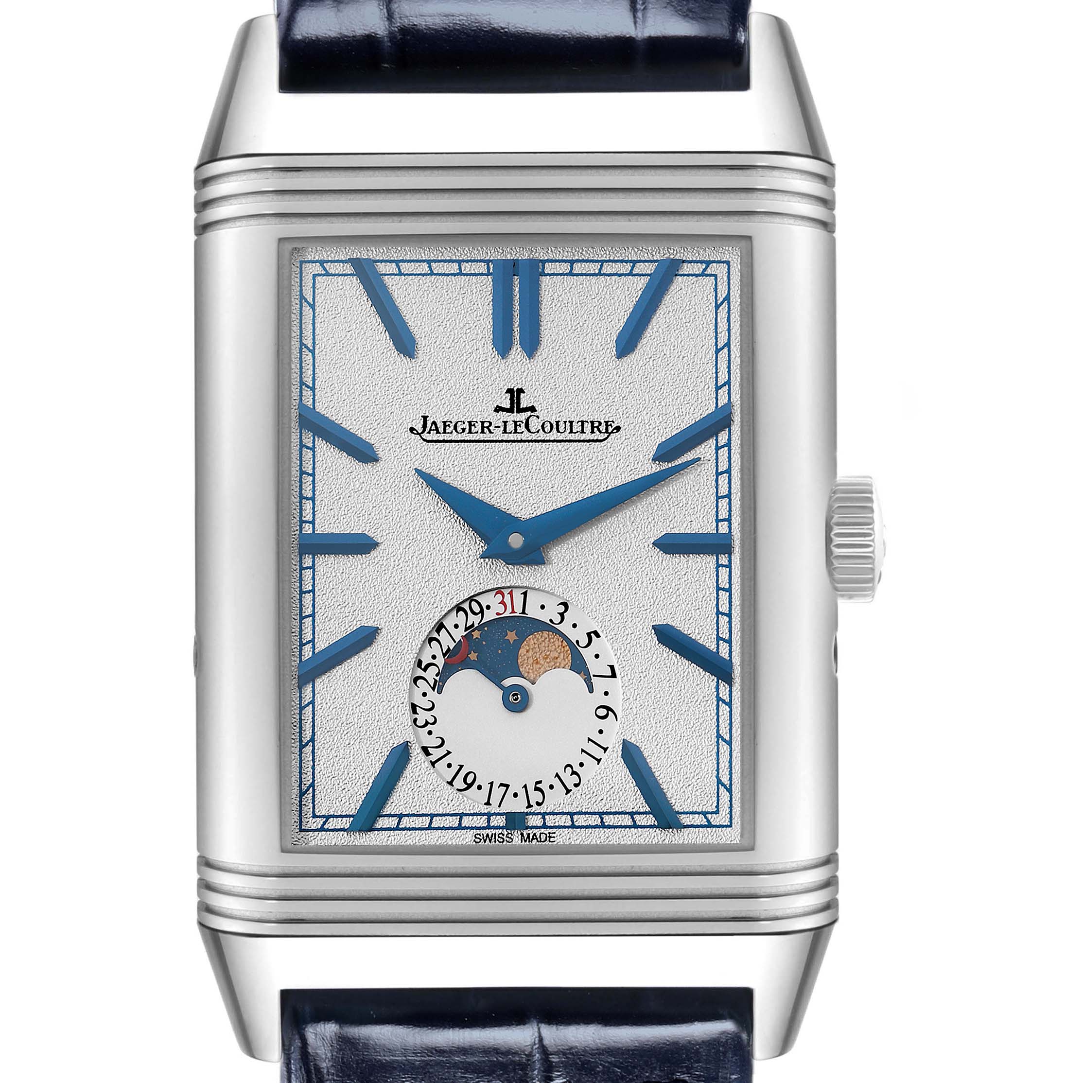 The Jaeger LeCoultre Reverso Q3958420 Men's Stainless Steel Silver Dial watch is shown from the front, highlighting the face, crown, and entire case.