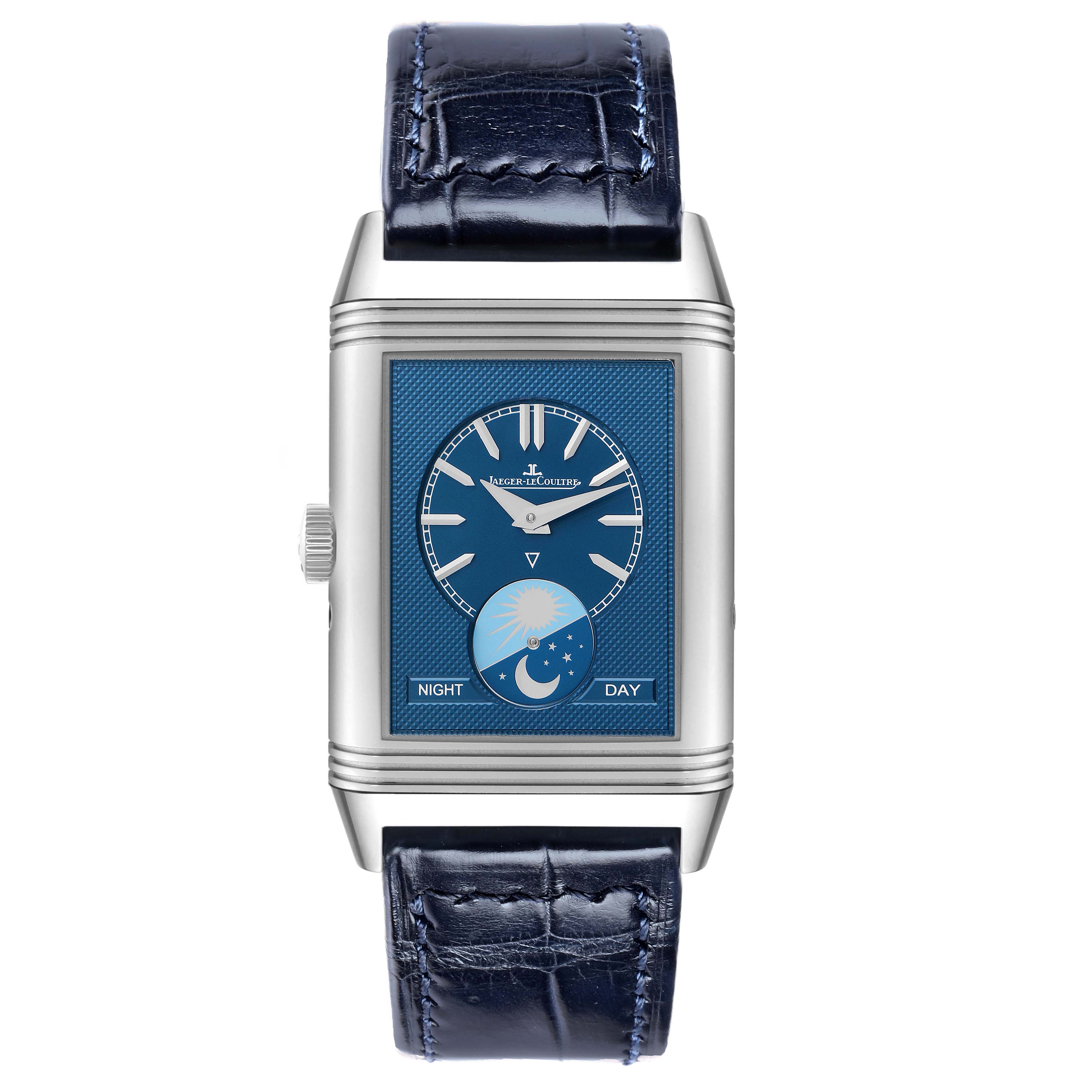 The Jaeger LeCoultre Reverso Q3958420 Men's Stainless Steel Silver Dial watch is shown front-on, displaying its dual day-night dial and elegant blue strap.
