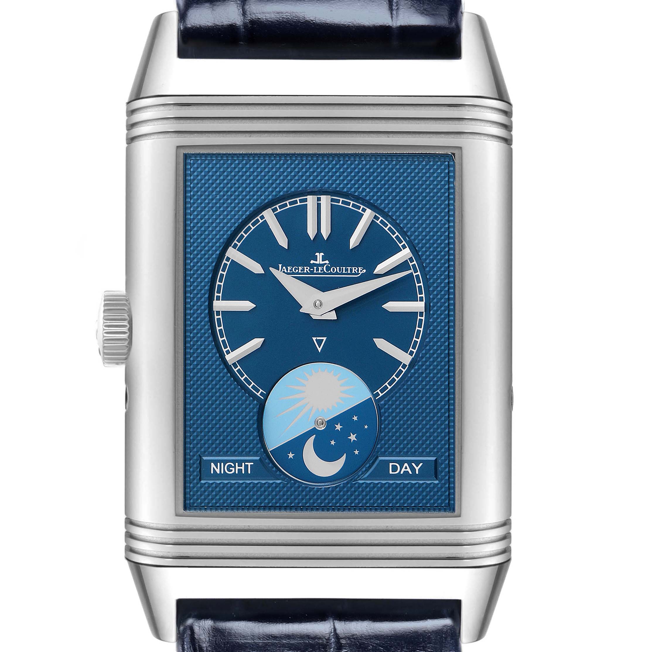 The Jaeger-LeCoultre Reverso watch is shown from the front, highlighting the blue dial, silver hands, and "Night/Day" indicator.