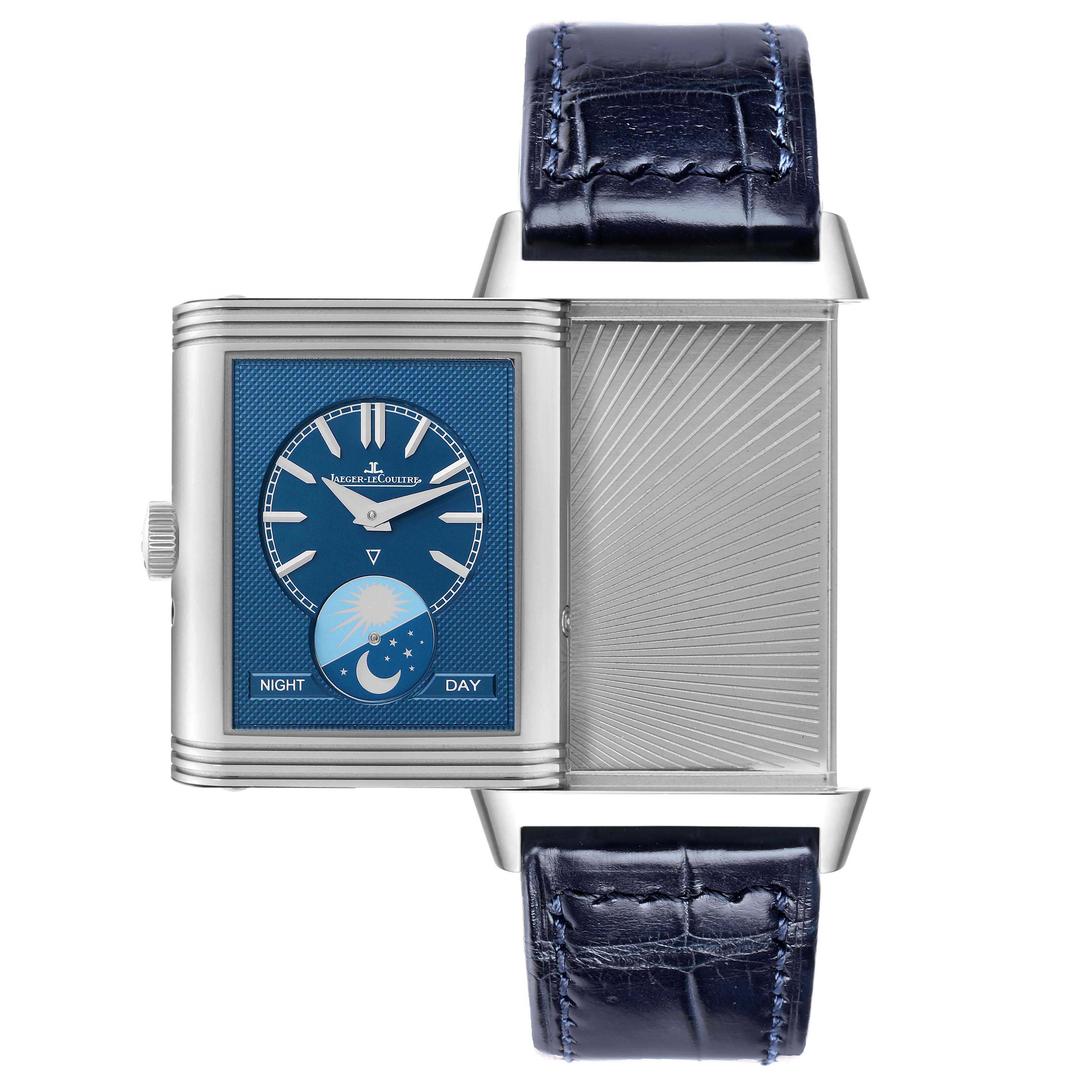 The Jaeger-LeCoultre Reverso watch is shown with its case swiveled open, revealing the front dial and inner metal design.