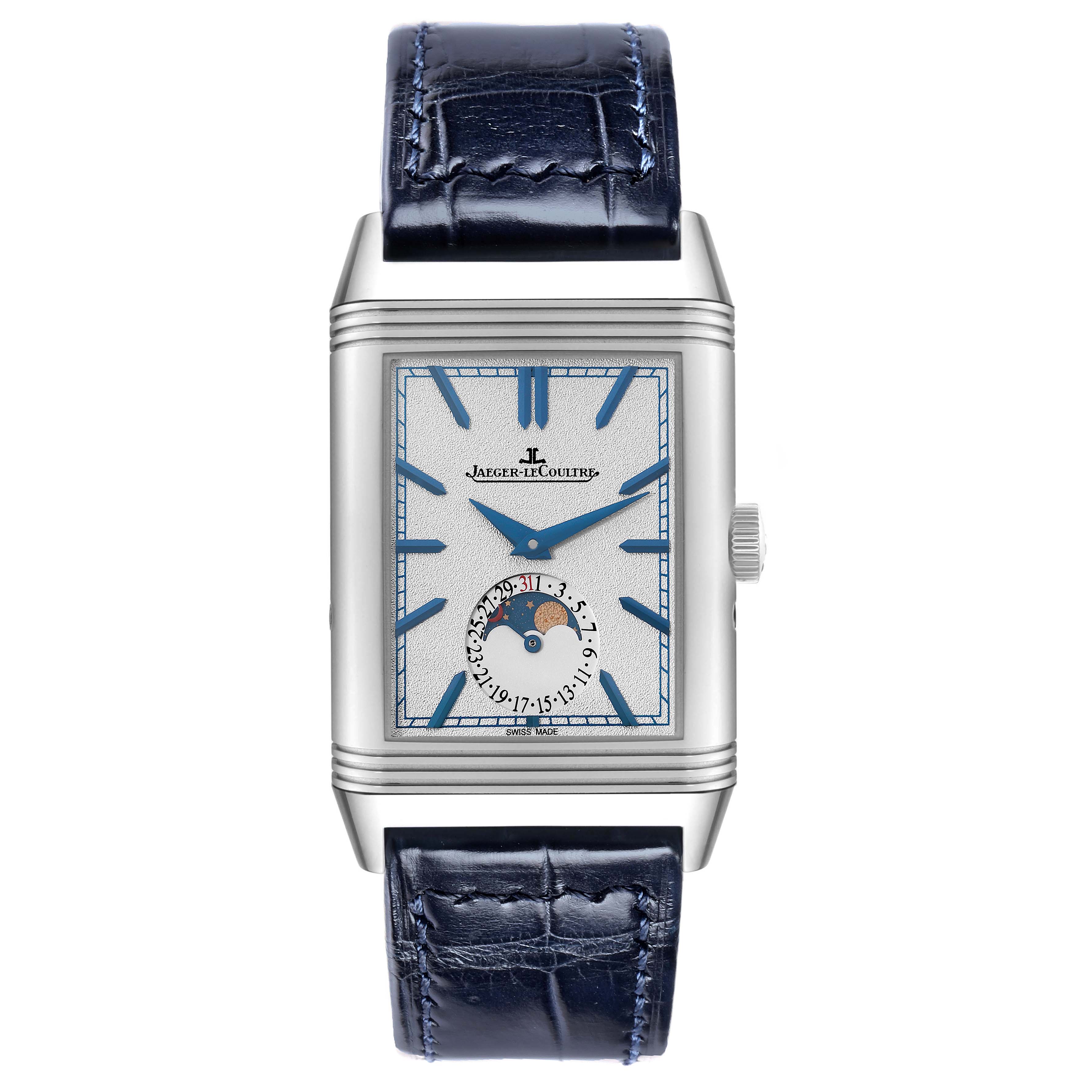 The Jaeger-LeCoultre Reverso watch is shown from a front angle, displaying its rectangular dial with blue hands and a moon phase complication.