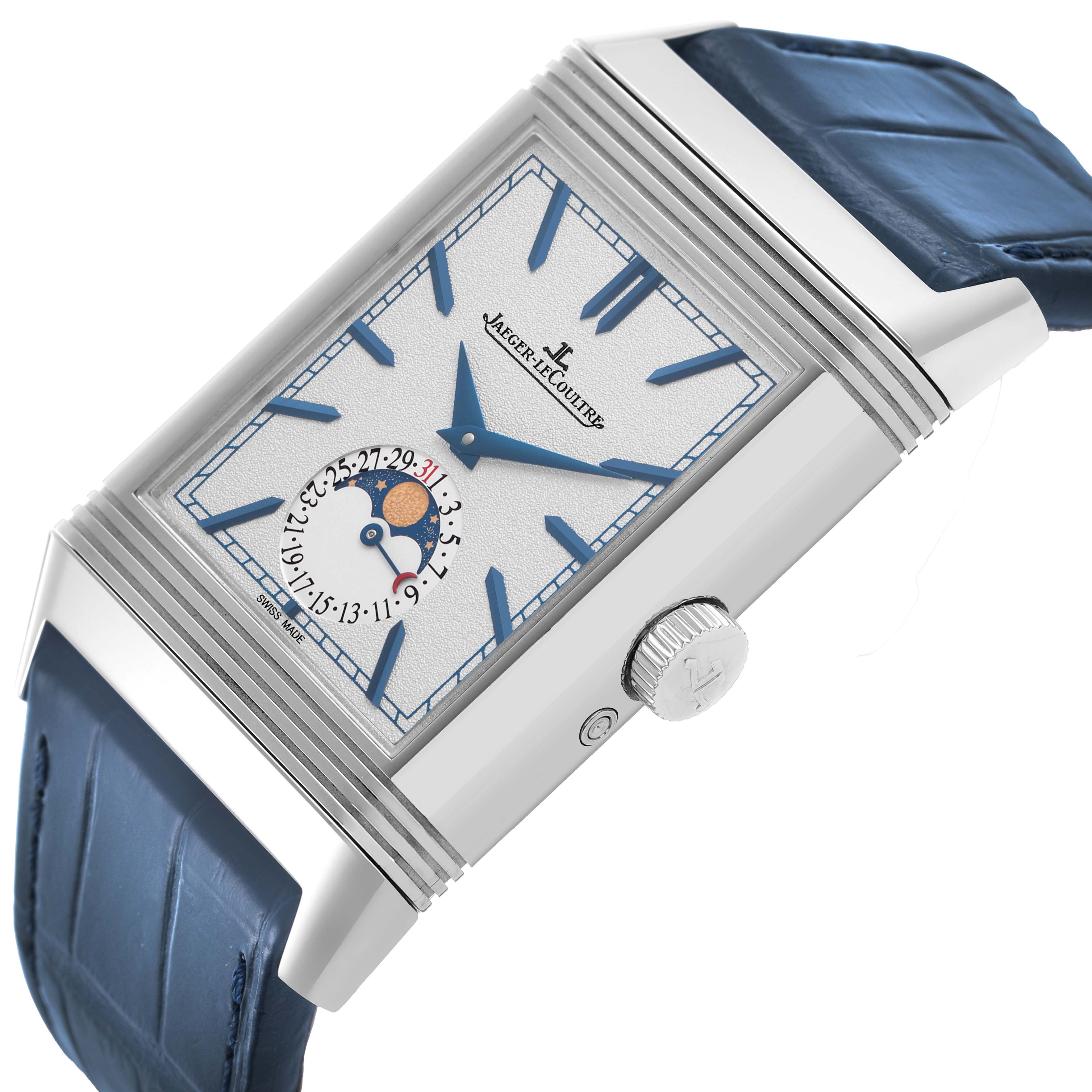 The Jaeger LeCoultre Reverso Q3958420 Men's Stainless Steel Silver Dial watch is shown at a slight angle, highlighting the face, crown, and part of the strap.