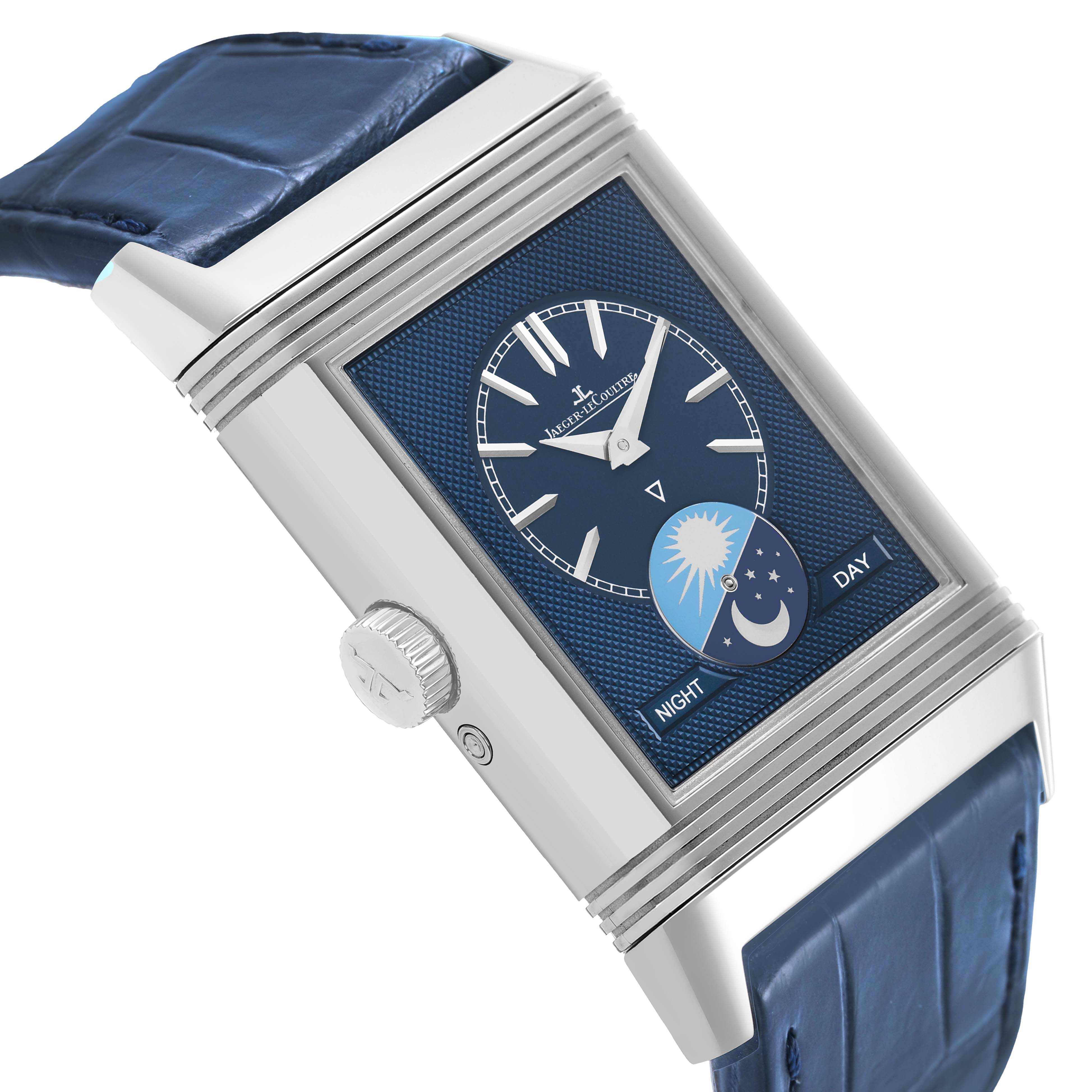 The Jaeger-LeCoultre Reverso model is shown from a tilted side angle, highlighting the crown, blue strap, and dual-time dial.