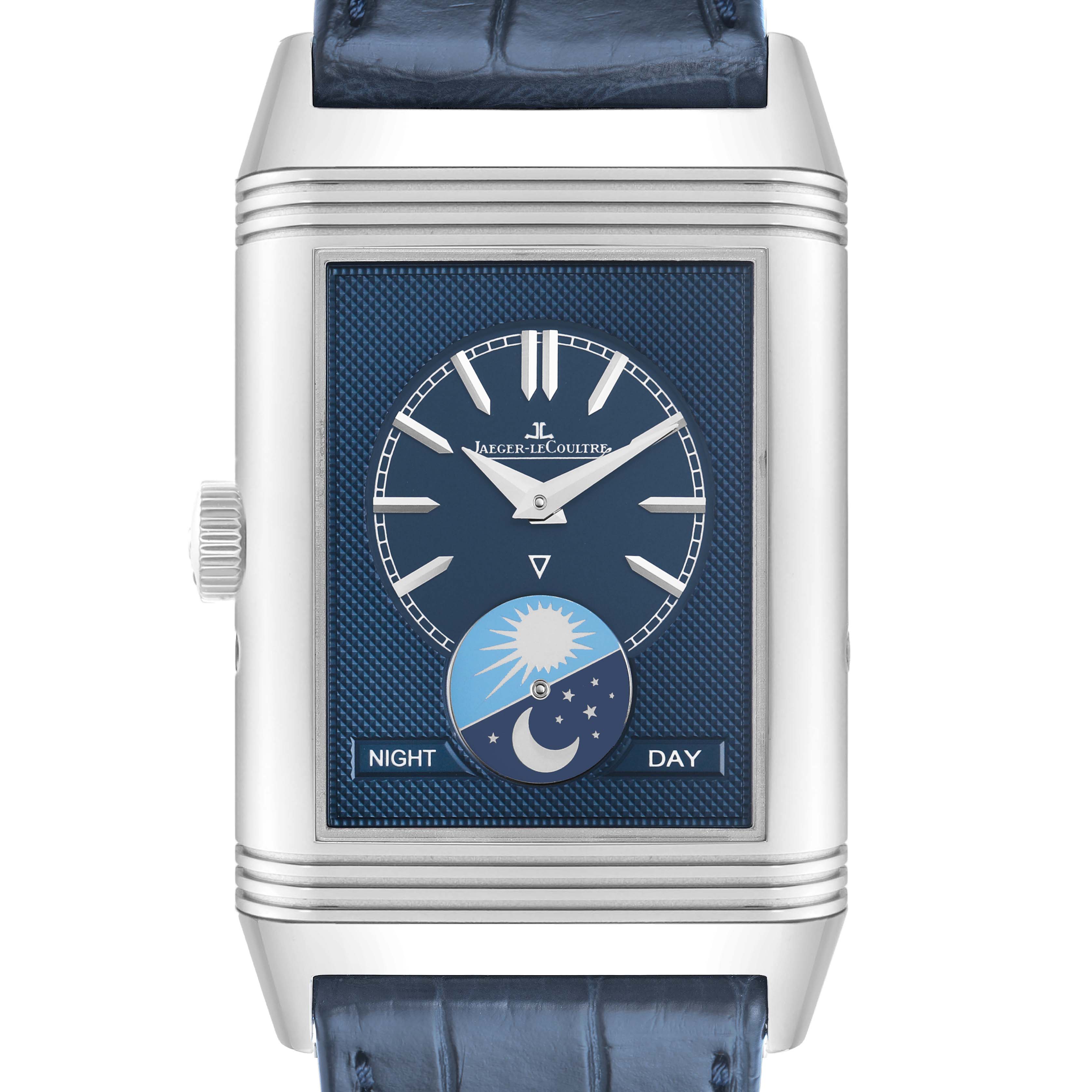 The Jaeger LeCoultre Reverso Q3958420 Men's Stainless Steel Silver Dial watch is shown from the front, highlighting its blue dial, day/night indicator, and crown.