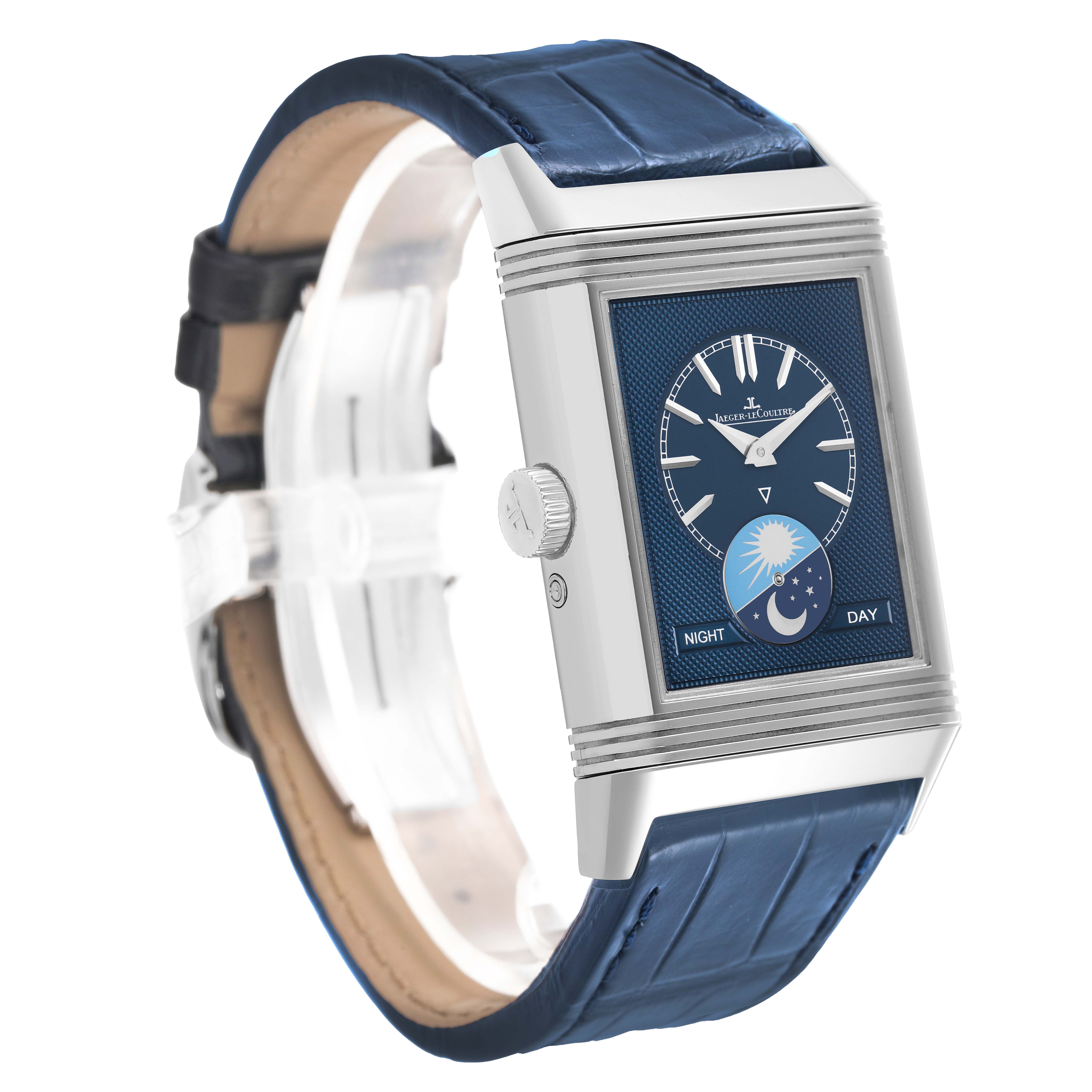 The Jaeger-LeCoultre Reverso model is shown at a three-quarter angle, highlighting its blue dial, case, crown, and strap.