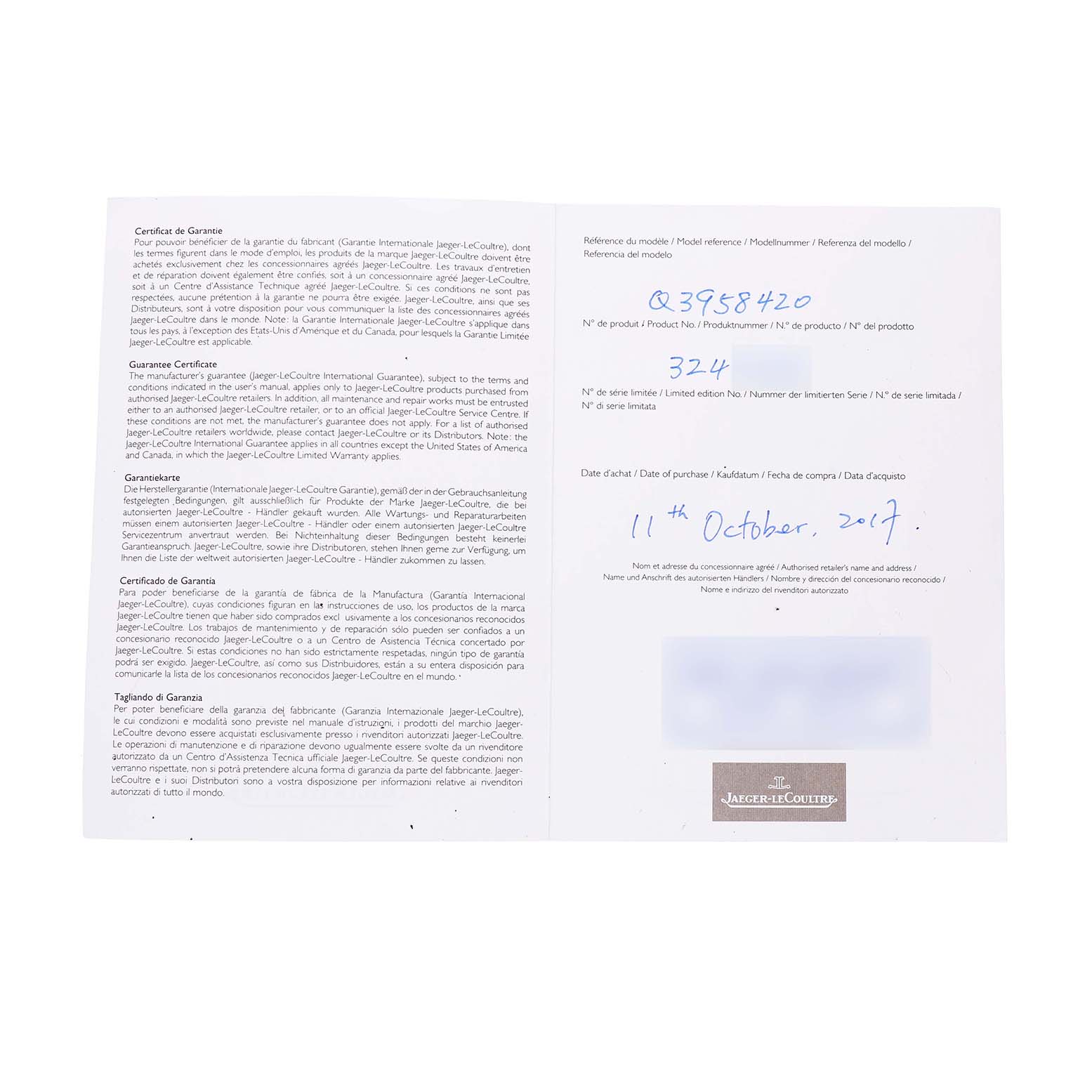This image shows an open warranty certificate for a Jaeger-LeCoultre Reverso watch.