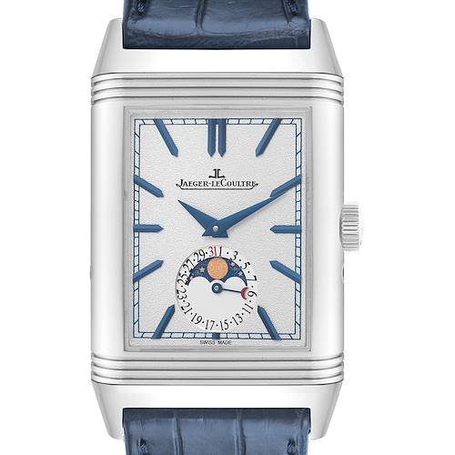 The image shows a front view of the Jaeger-LeCoultre Reverso watch, highlighting the face, hands, and moonphase display.