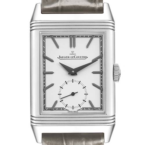 The Jaeger LeCoultre Reverso Q713842X Men's Stainless Steel Silver Dial watch is shown from the front, displaying its dial, crown, and leather strap.
