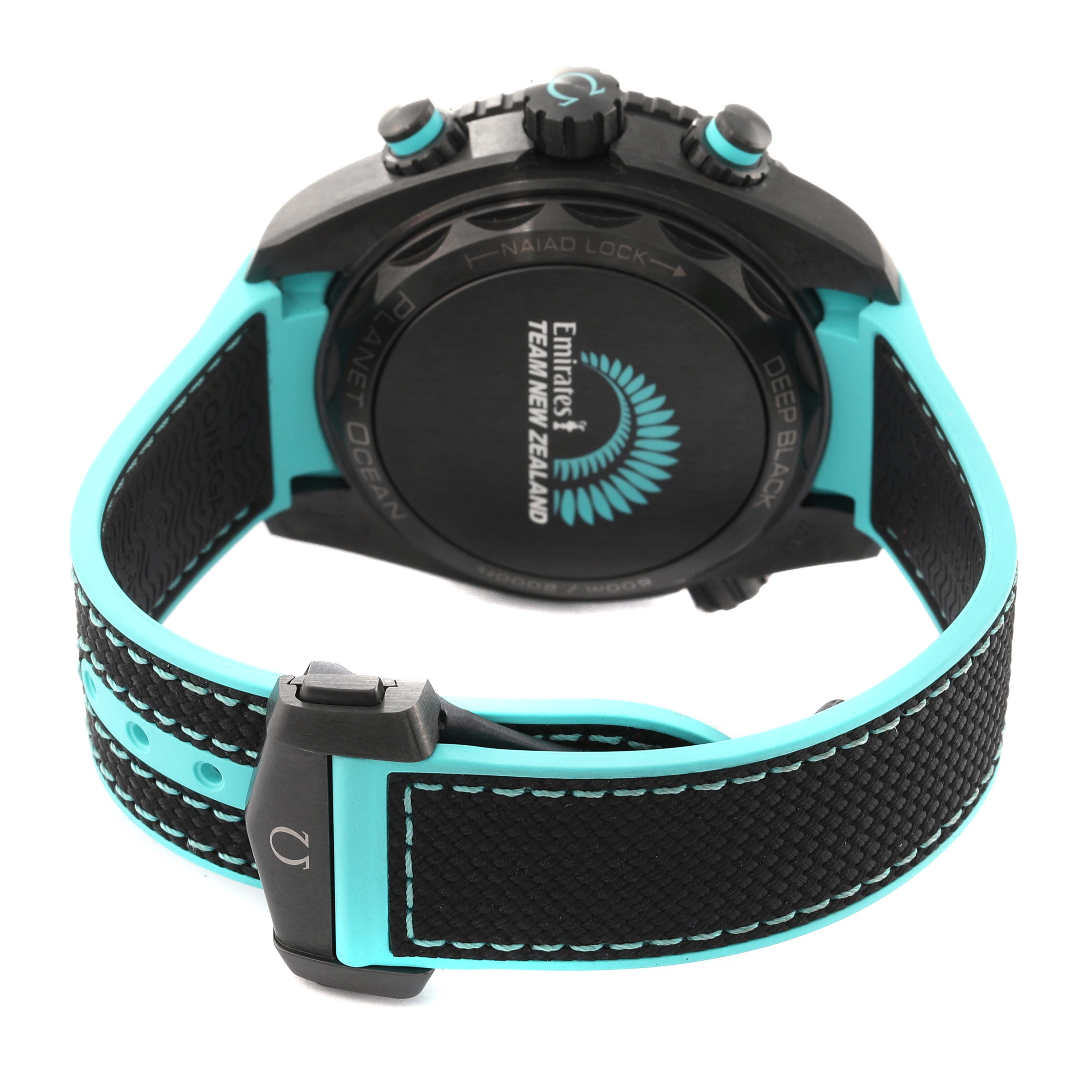 The image shows the back and strap of the Omega Planet Ocean 215.92.46.51.01.003 Men's Ceramic Black Dial 215.92.46.51.01.003 Men's Ceramic Black Dial watch, highlighting the case back and clasp.