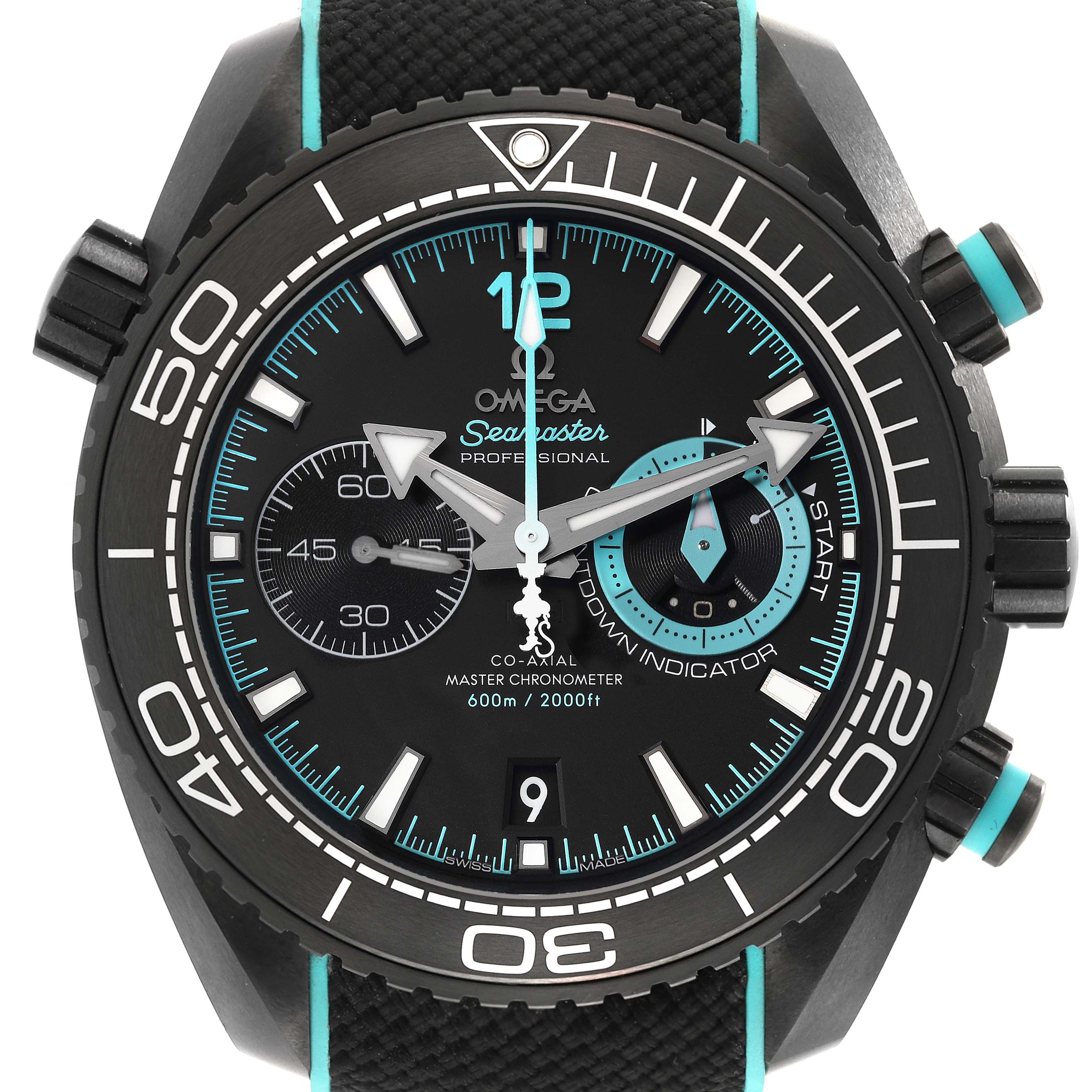 The Omega Planet Ocean 215.92.46.51.01.003 Men's Ceramic Black Dial 215.92.46.51.01.003 Men's Ceramic Black Dial watch is shown from a front angle, highlighting the dial, bezel, and chronograph buttons.